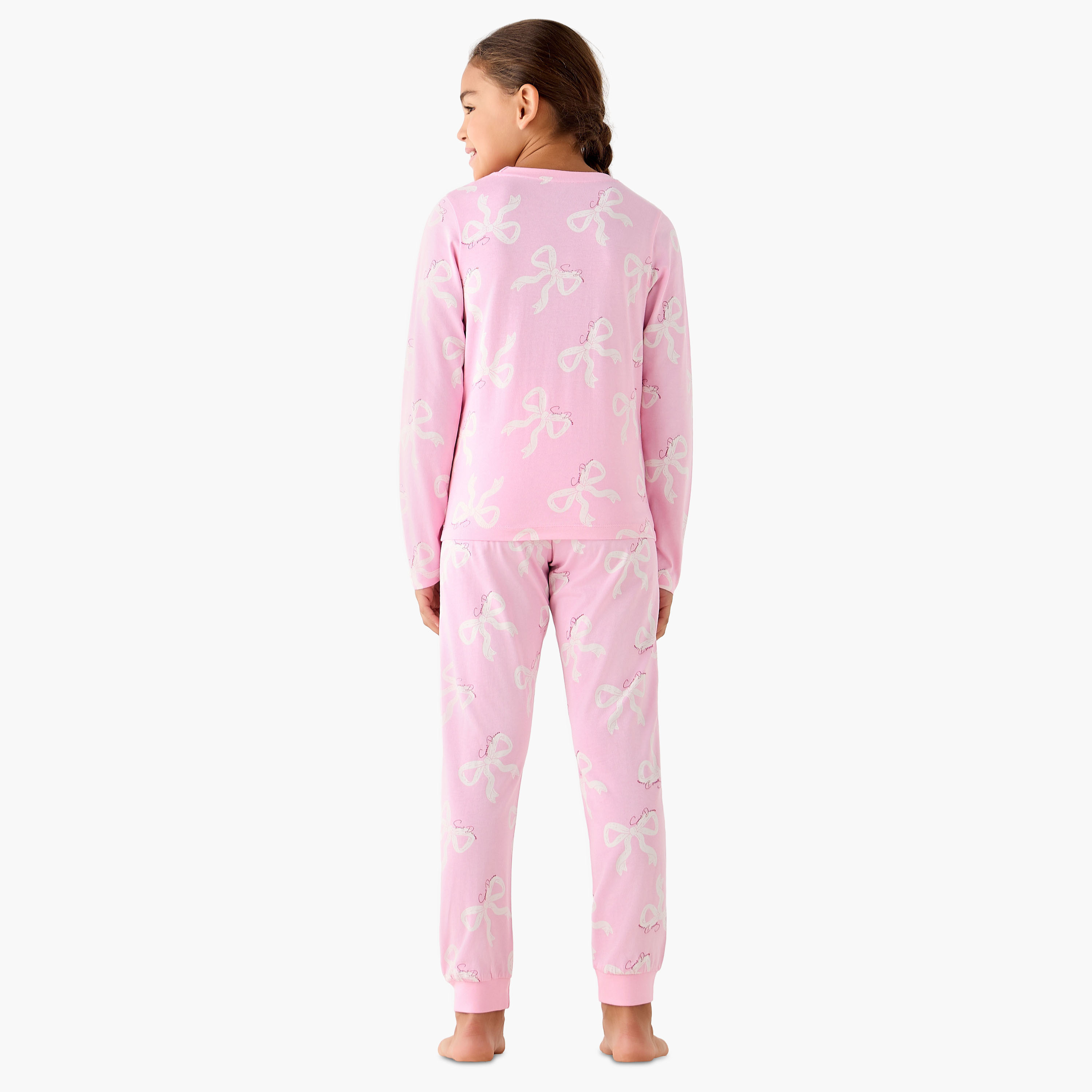 Pack of 3 Juniors Cotton Crew Neck Long Sleeve Pyjama Set with Bow Print-girls-clothing-nightwear-image-6
