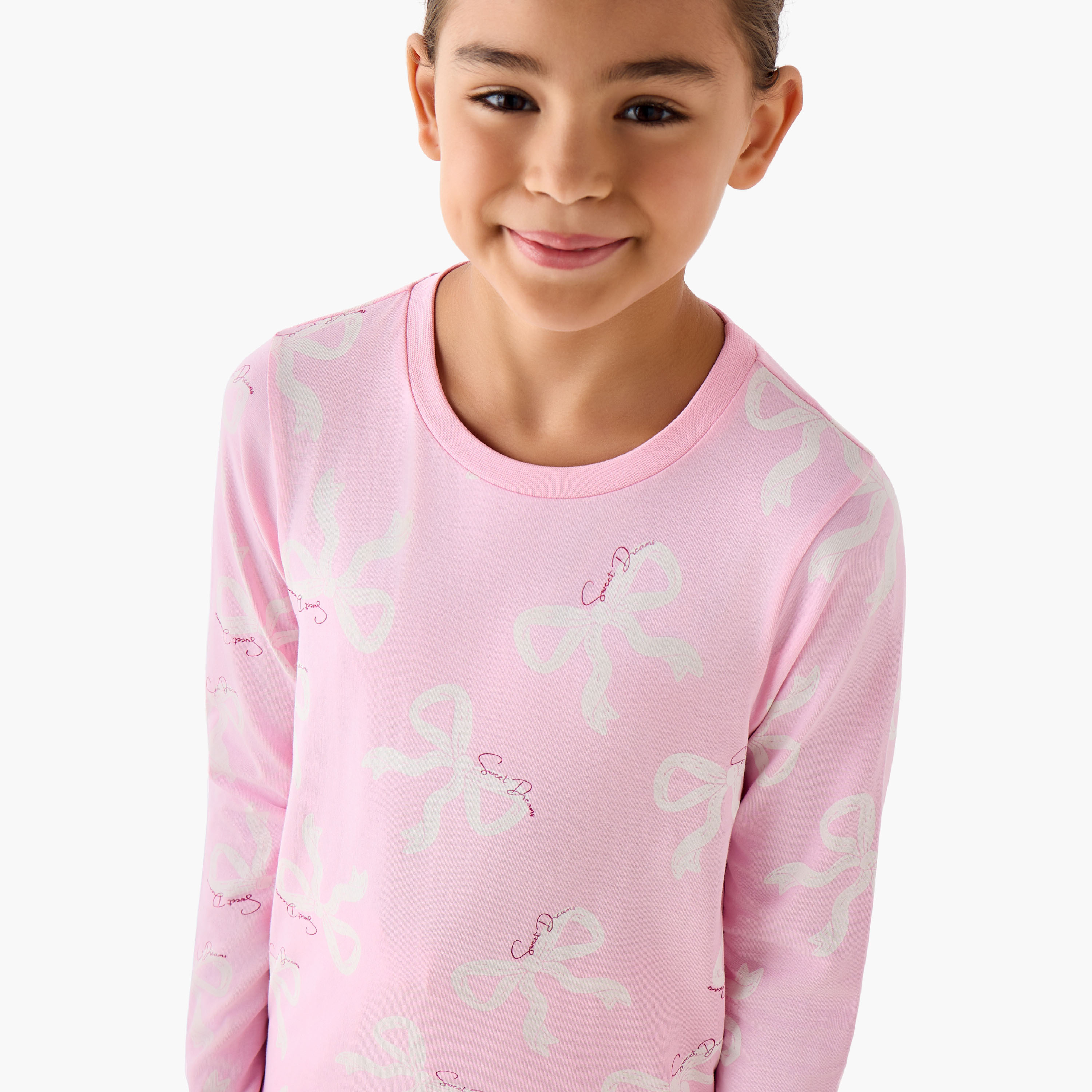 Pack of 3 Juniors Cotton Crew Neck Long Sleeve Pyjama Set with Bow Print-girls-clothing-nightwear-image-7
