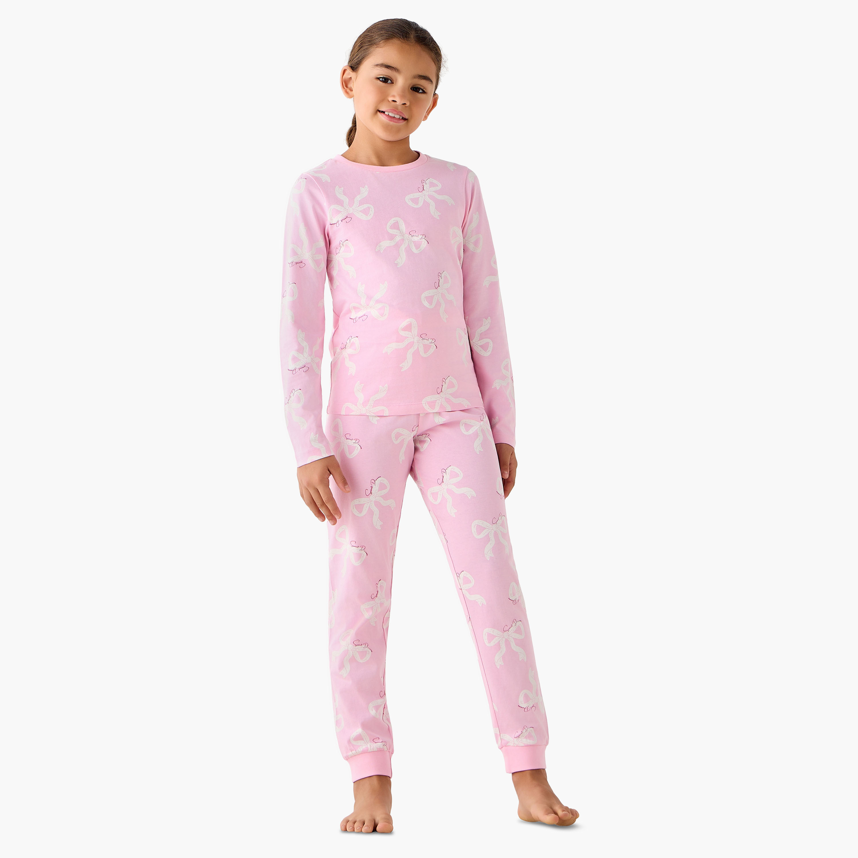 Pack of 3 Juniors Cotton Crew Neck Long Sleeve Pyjama Set with Bow Print-girls-clothing-nightwear-image-8