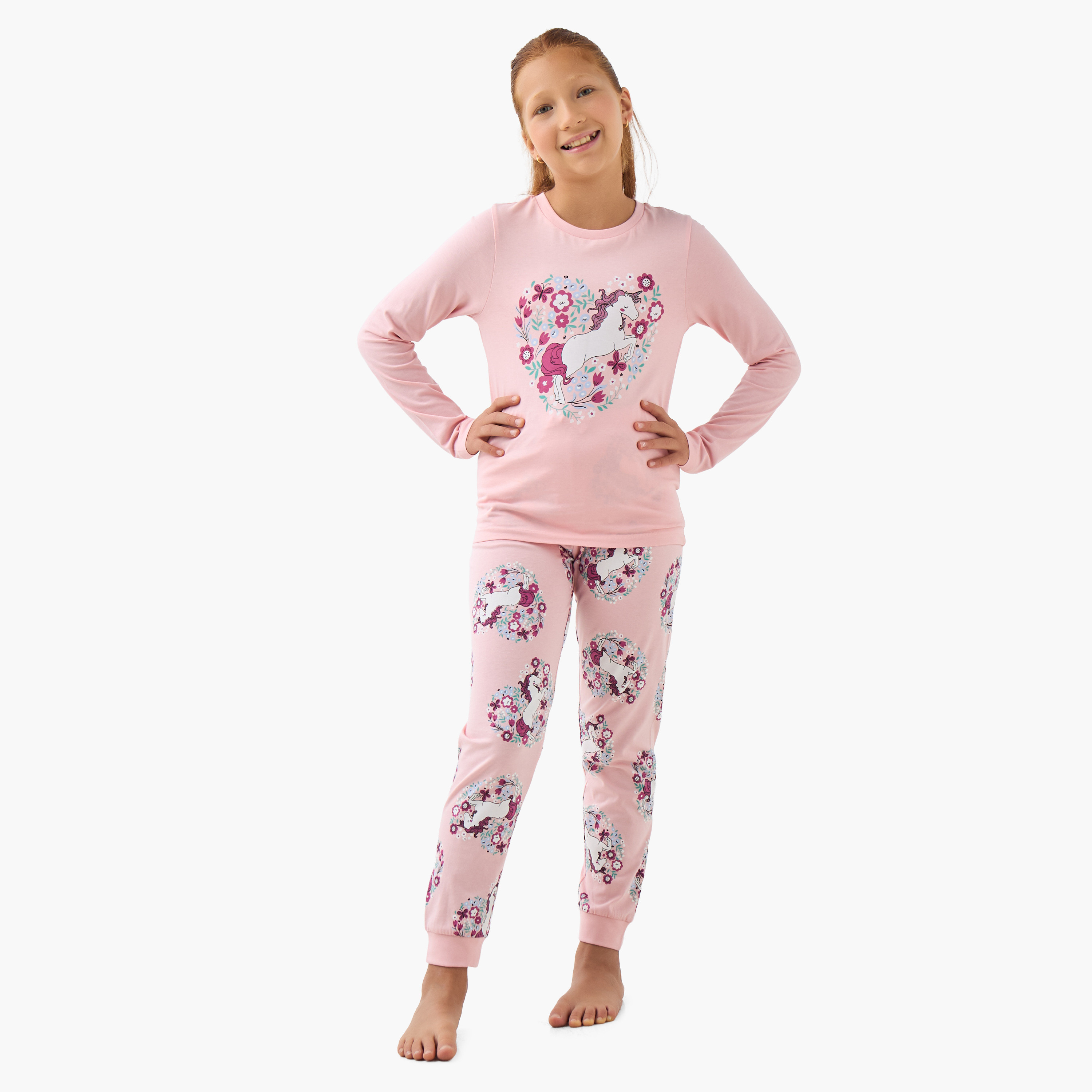 طقم بيجاما للبنات بطبعات يونيكورن من جونيورز - قطن - أكمام طويلة - بياقة مستديرة-girls-clothing-nightwear-image-1