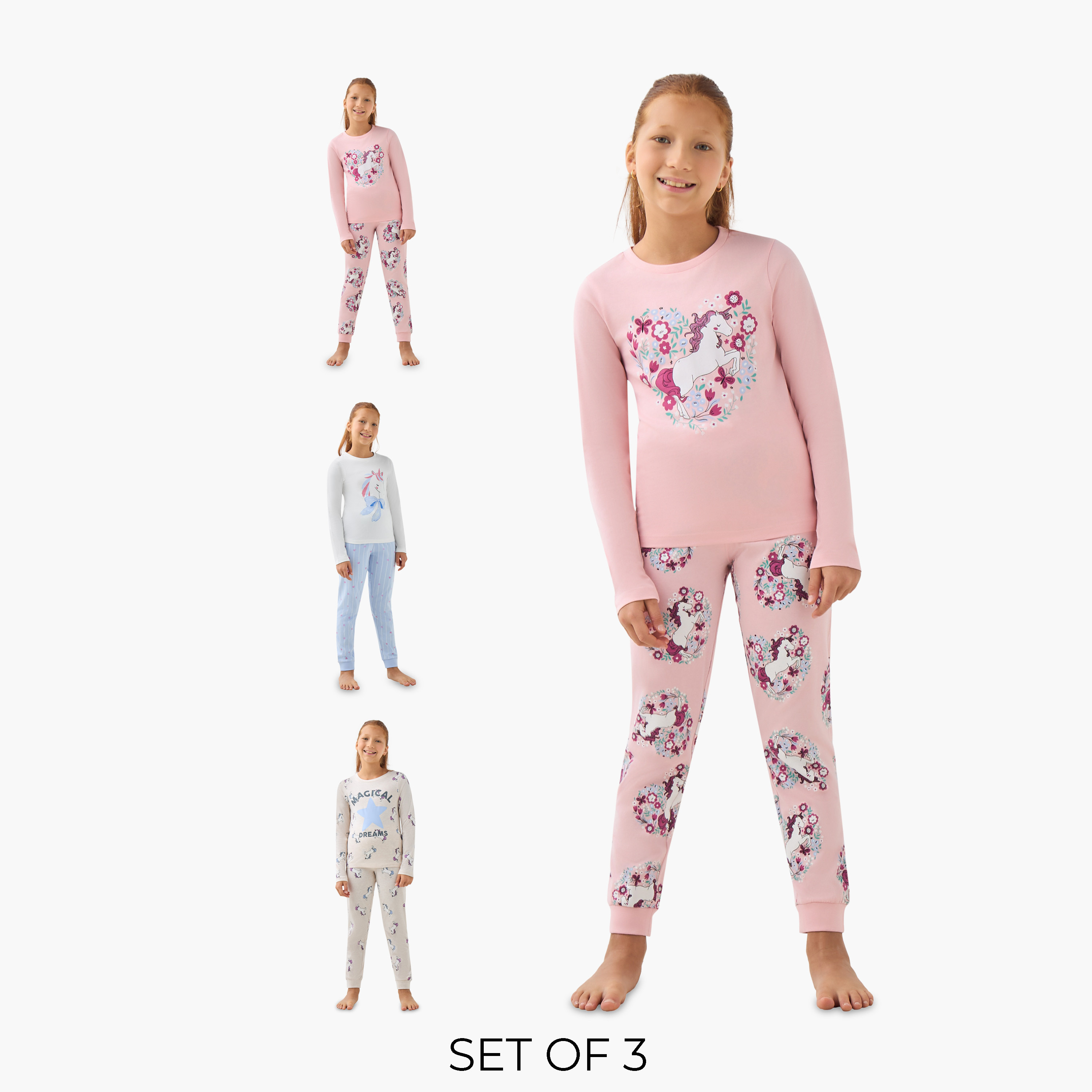 Juniors Girls Pyjama Set with Print - Cotton - Long Sleeves - Crew Neck - Set of 3-girls-clothing-nightwear-image-1
