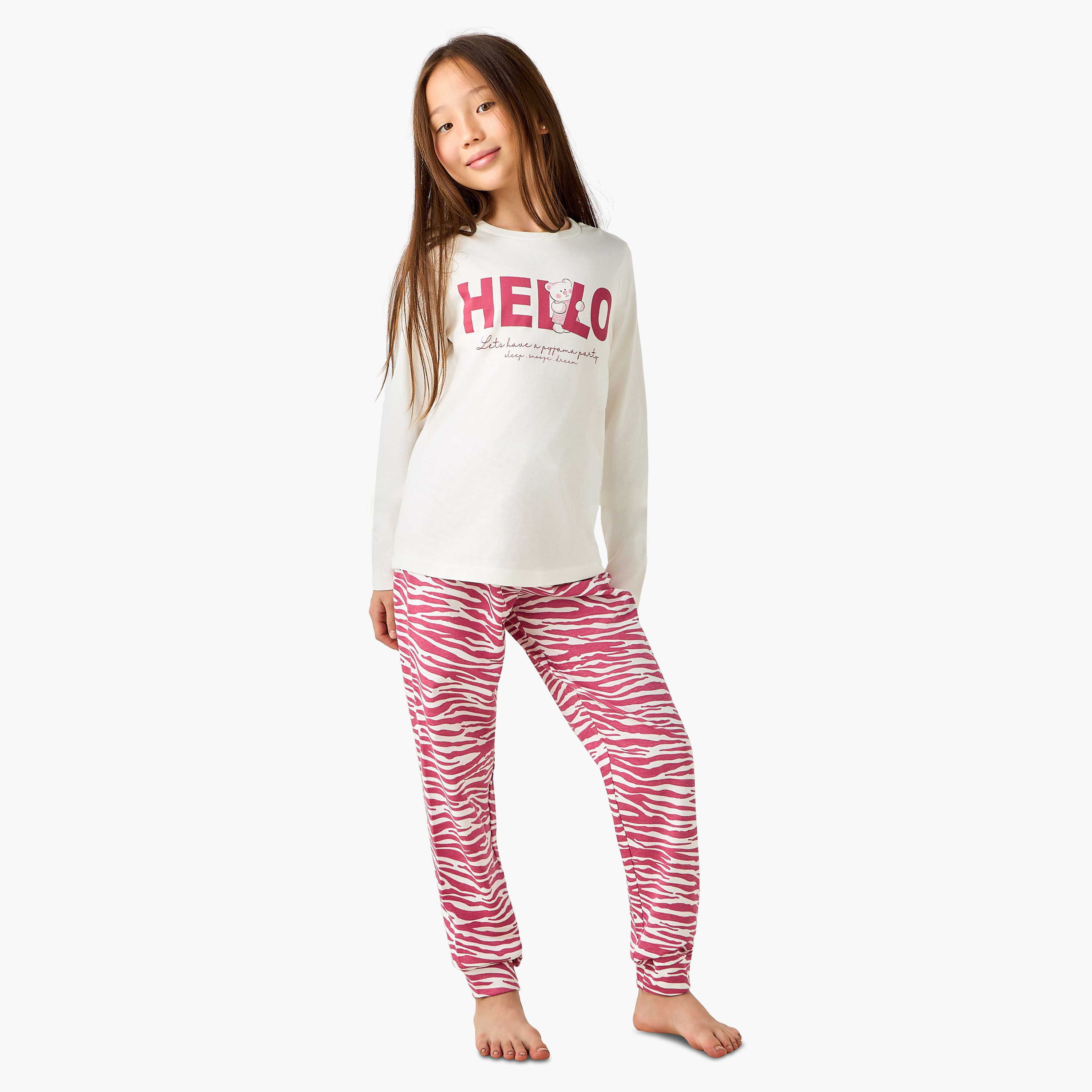 طقم بيجاما قطن بأكمام طويلة وياقة مستديرة وطبعات من جونيورز-girls-clothing-nightwear-image-7