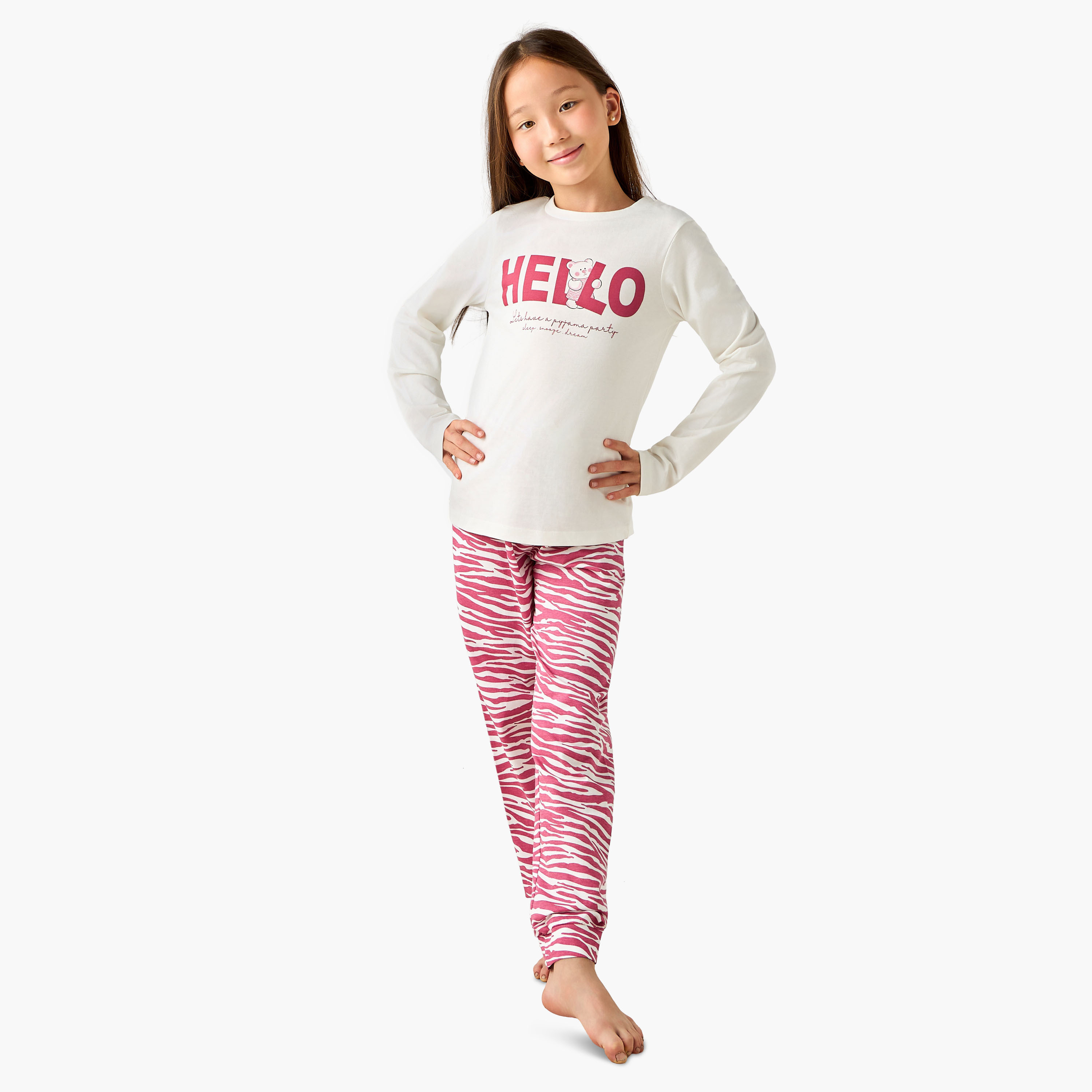 طقم بيجاما قطن بأكمام طويلة وياقة مستديرة وطبعات من جونيورز-girls-clothing-nightwear-image-1