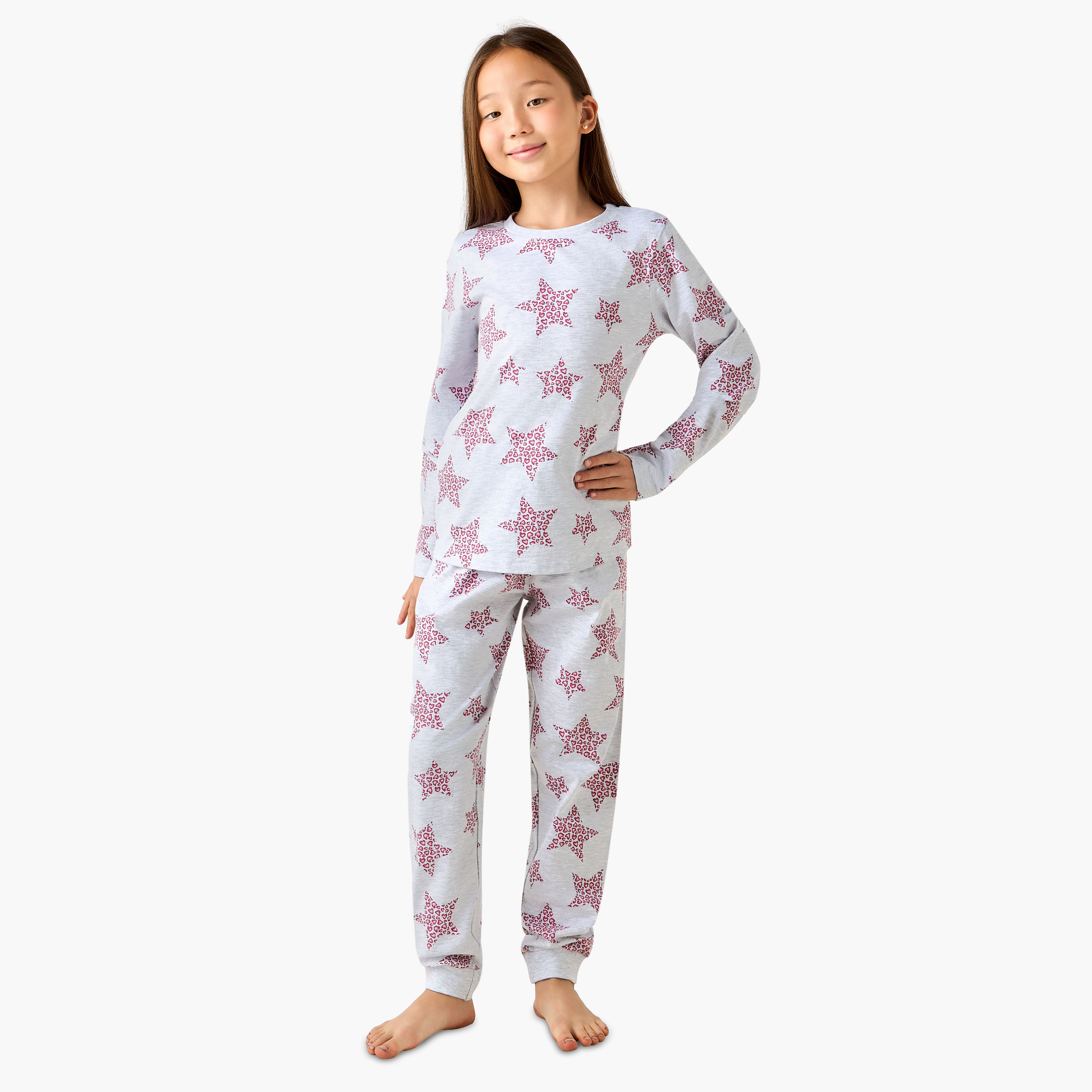 Juniors Cotton Round Neck Long Sleeve Pyjama Set with Star Print-girls-clothing-nightwear-image-1