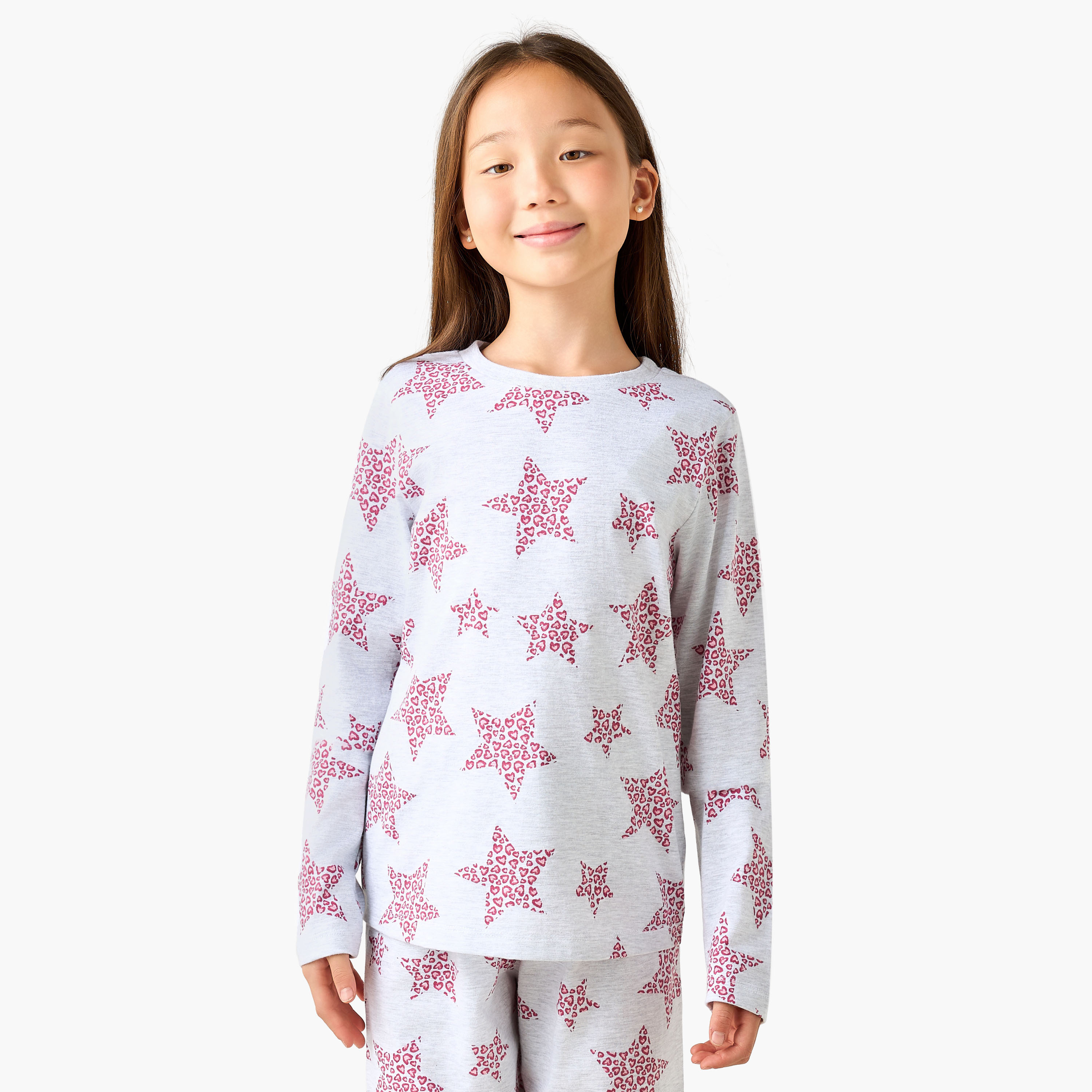 Juniors Cotton Round Neck Long Sleeve Pyjama Set with Star Print-girls-clothing-nightwear-image-2