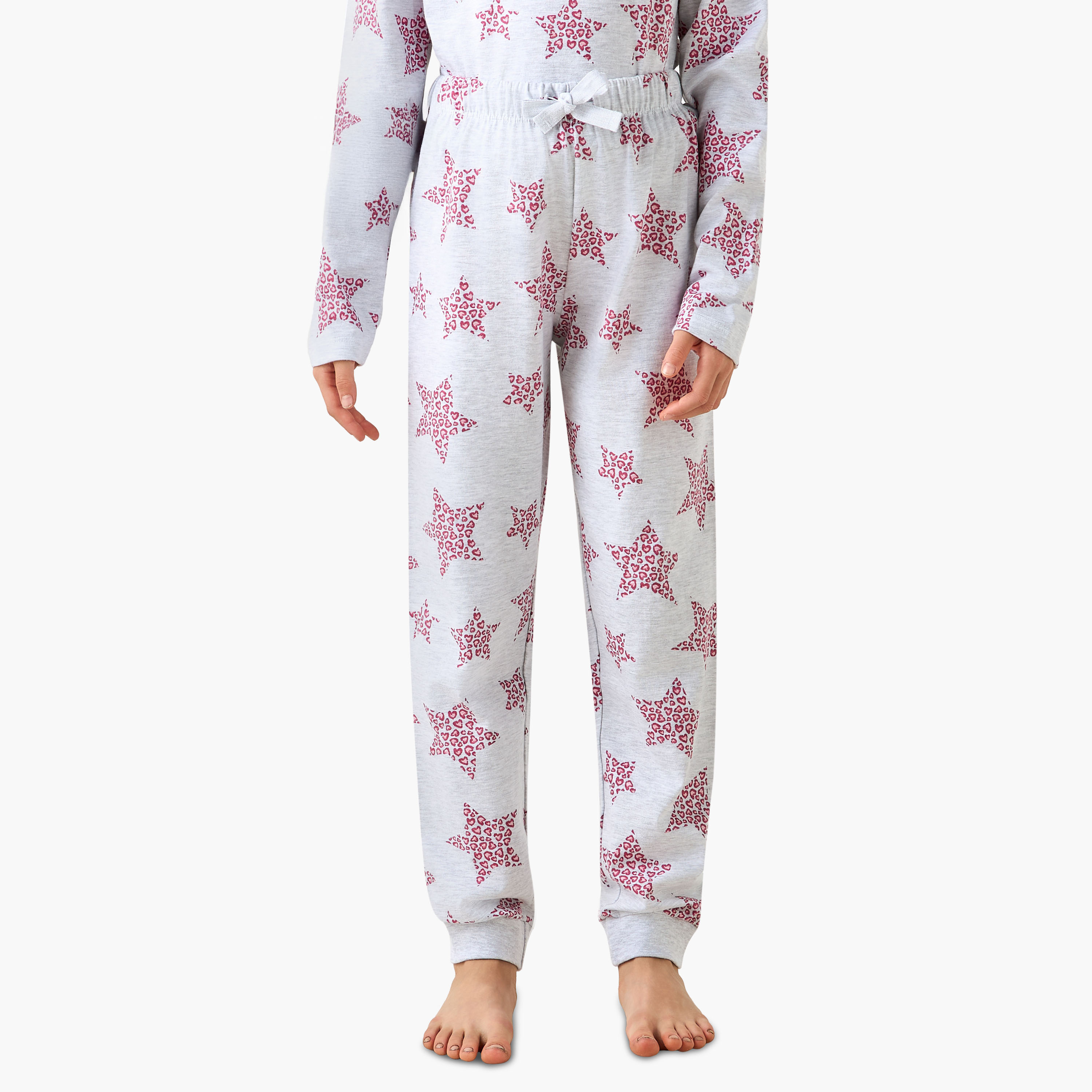 Juniors Cotton Round Neck Long Sleeve Pyjama Set with Star Print-girls-clothing-nightwear-image-3