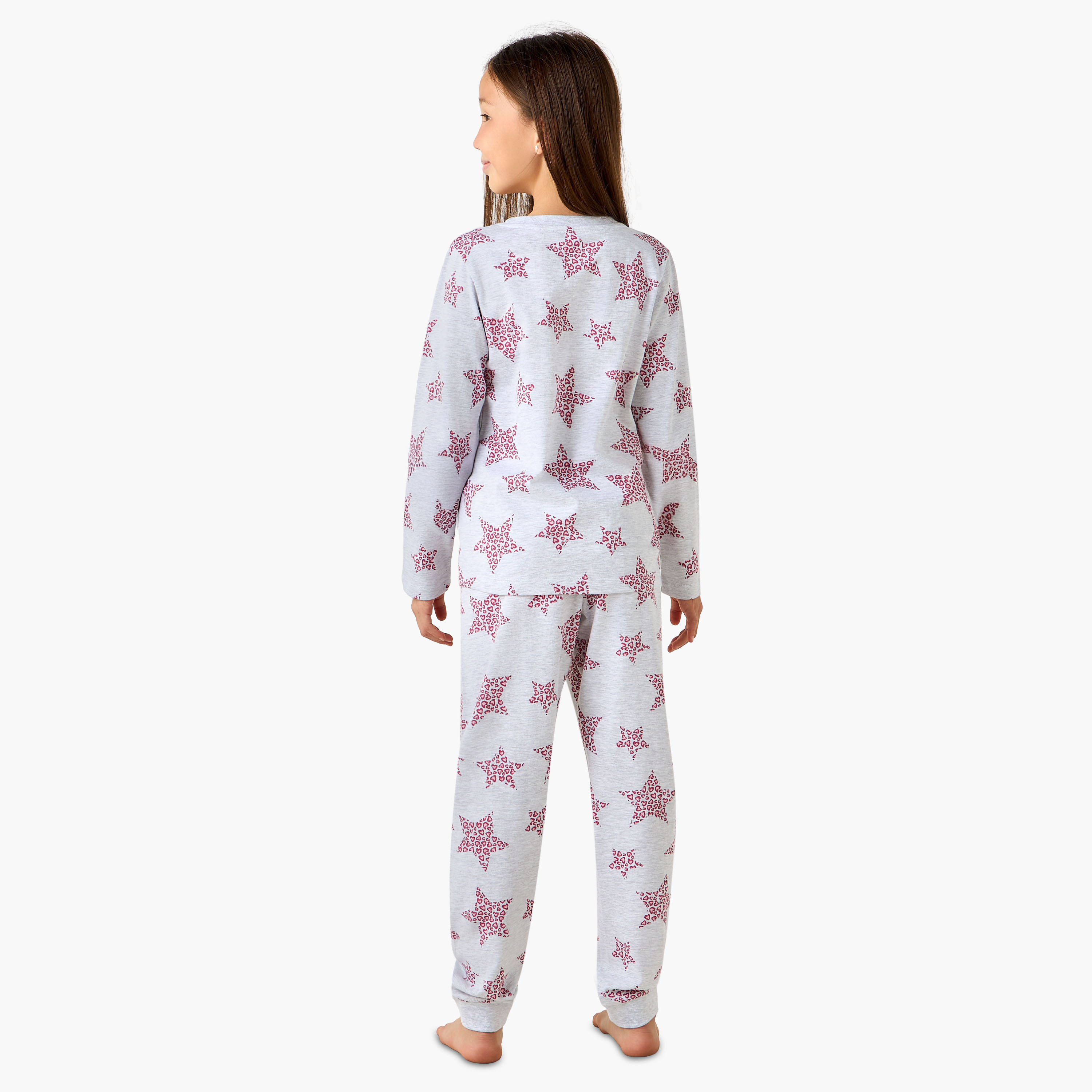 Juniors Cotton Round Neck Long Sleeve Pyjama Set with Star Print-girls-clothing-nightwear-image-4