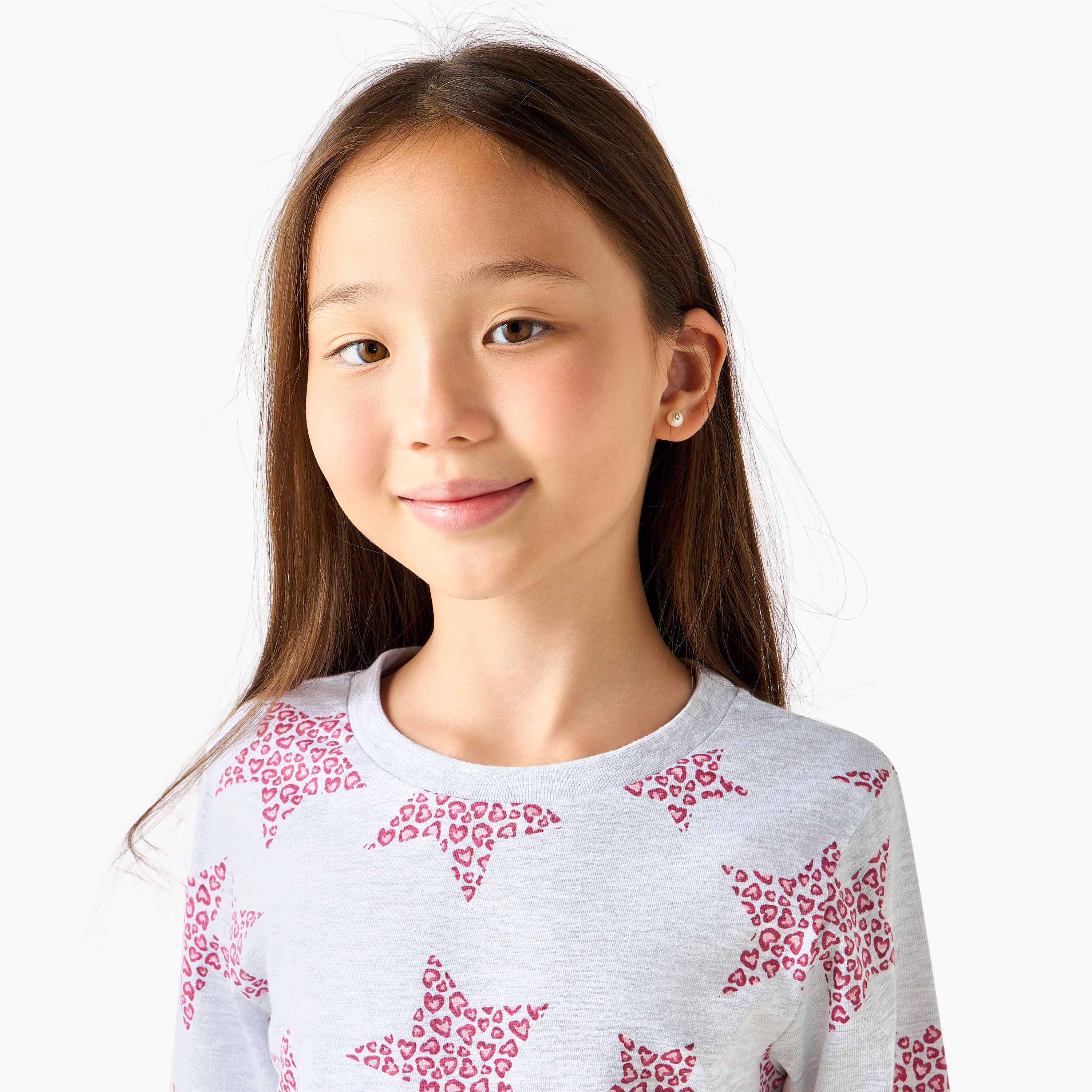 Juniors Cotton Round Neck Long Sleeve Pyjama Set with Star Print-girls-clothing-nightwear-image-5