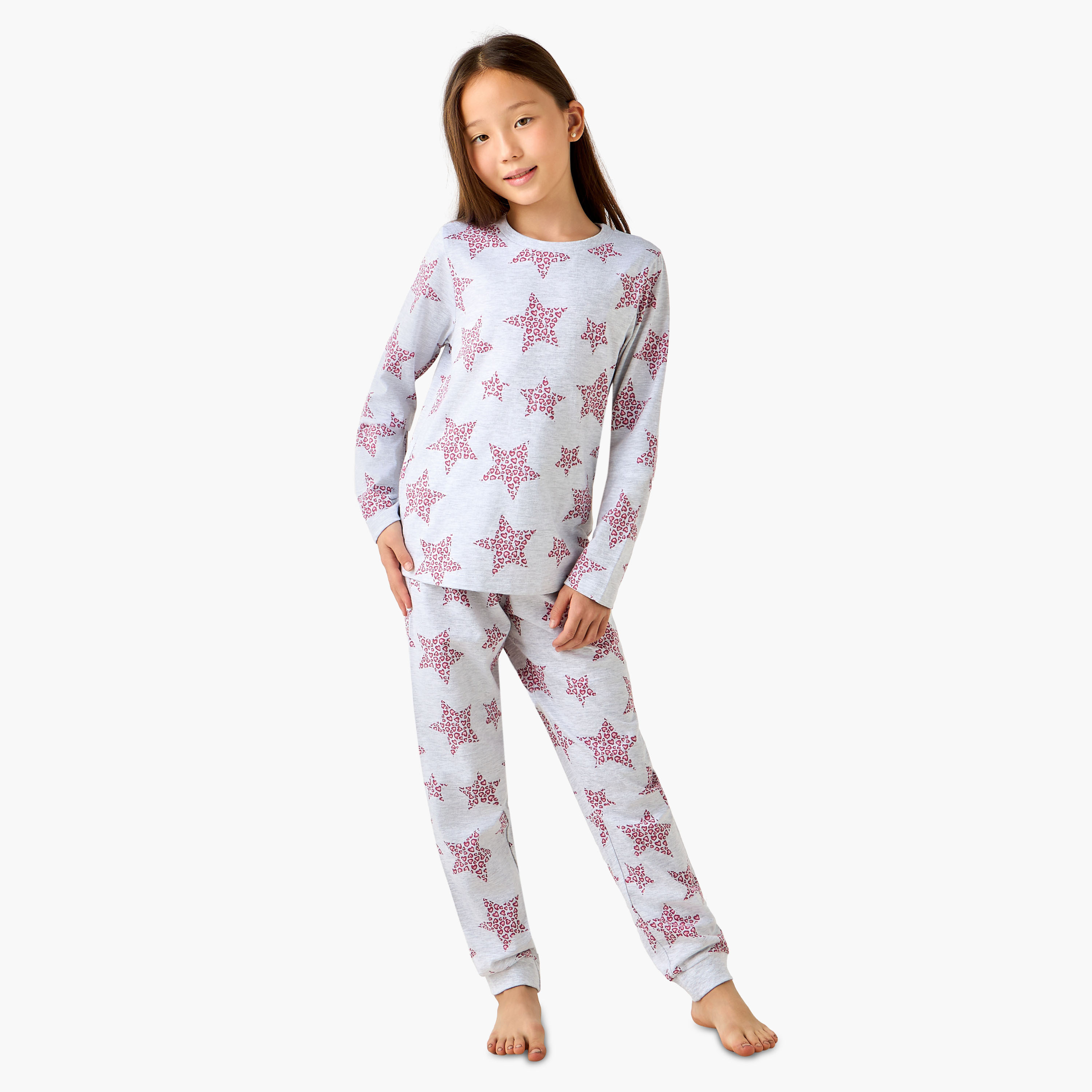 Juniors Cotton Round Neck Long Sleeve Pyjama Set with Star Print-girls-clothing-nightwear-image-7