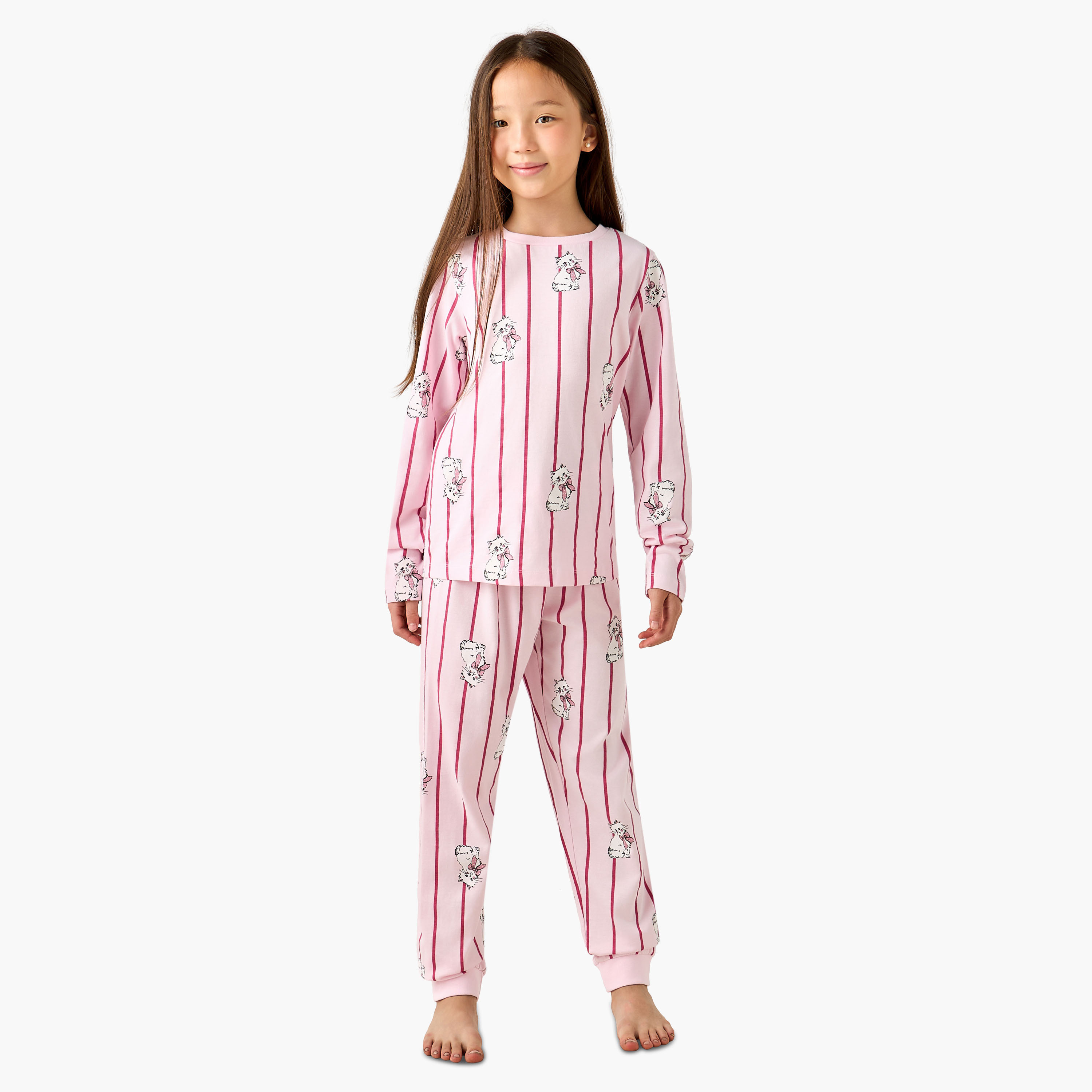 Juniors Cotton Round Neck Long Sleeve Pyjama Set with Marie Print-girls-clothing-nightwear-image-1