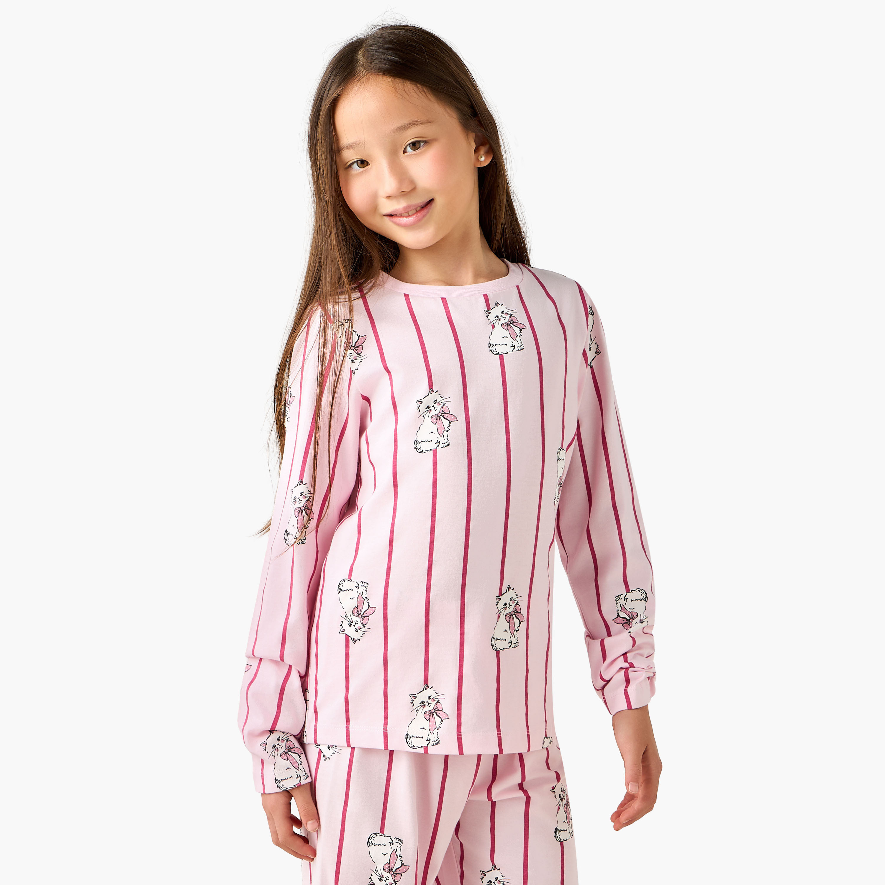 Juniors Cotton Round Neck Long Sleeve Pyjama Set with Marie Print-girls-clothing-nightwear-image-2