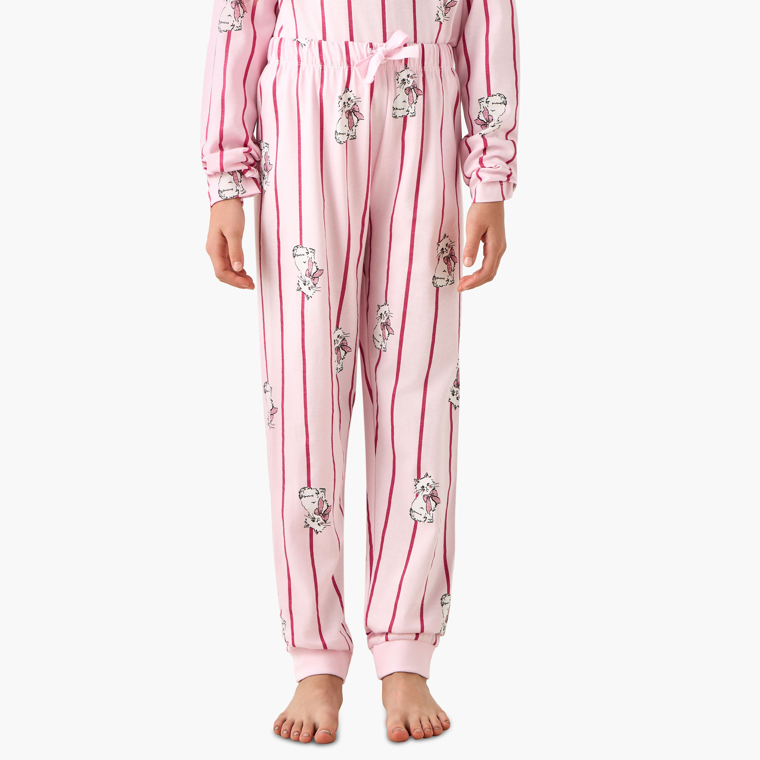 Juniors Cotton Round Neck Long Sleeve Pyjama Set with Marie Print-girls-clothing-nightwear-image-3