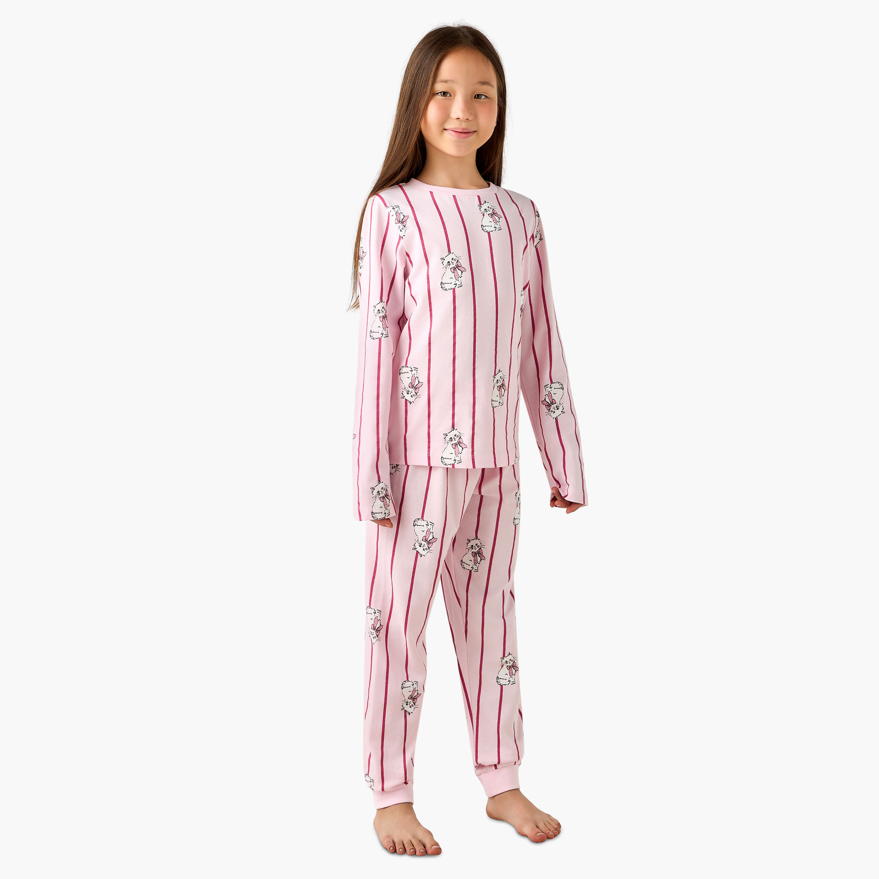 Juniors Cotton Round Neck Long Sleeve Pyjama Set with Marie Print-girls-clothing-nightwear-image-7