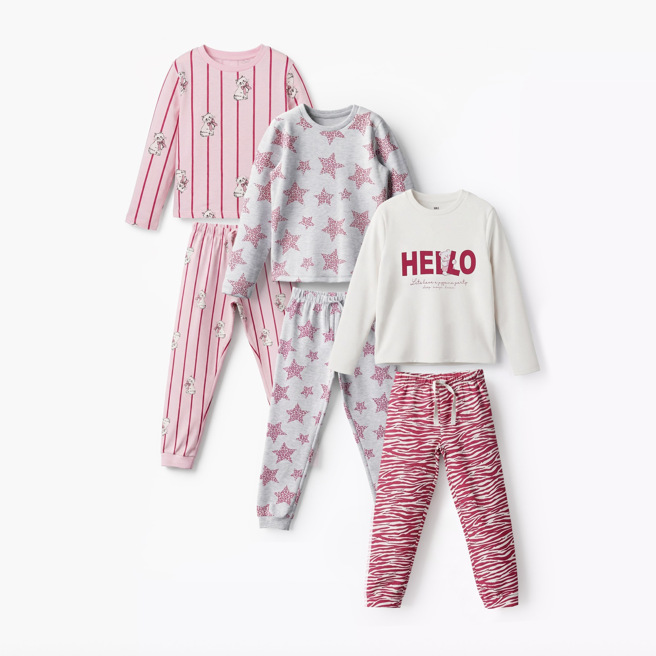 طقم بيجاما بطبعات بياقة مستديرة وأكمام طويلة 3 قطع من جونيورز-girls-clothing-multipacks-image-9