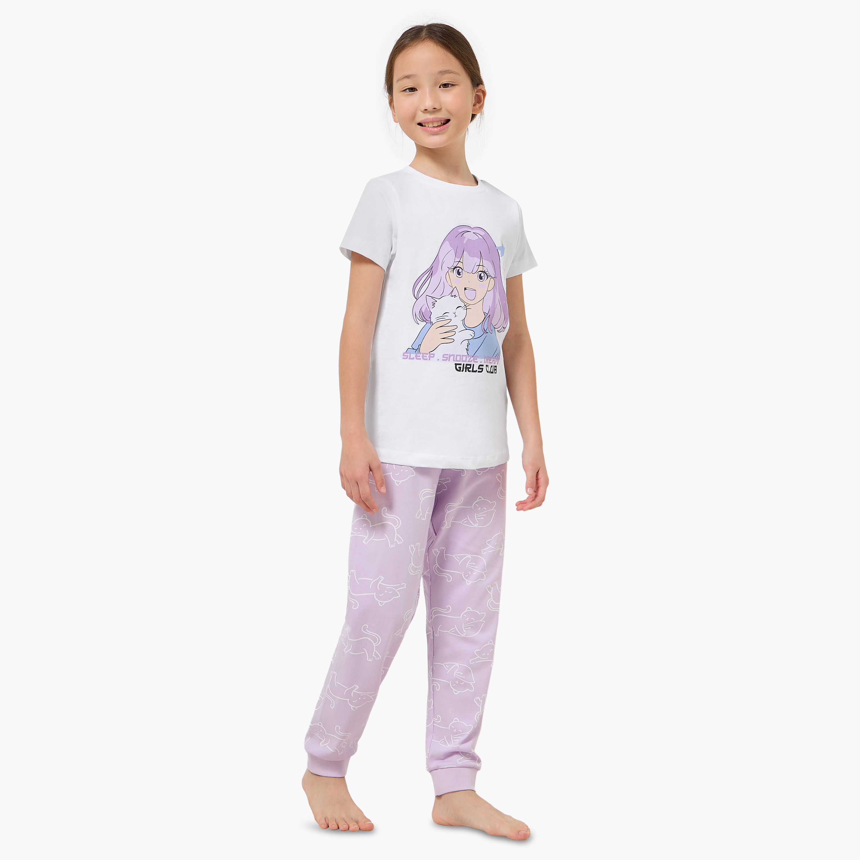 طقم بيجاما قطن بياقة ضيقة وأكمام قصيرة وطبعات من جونيورز-girls-clothing-nightwear-image-6