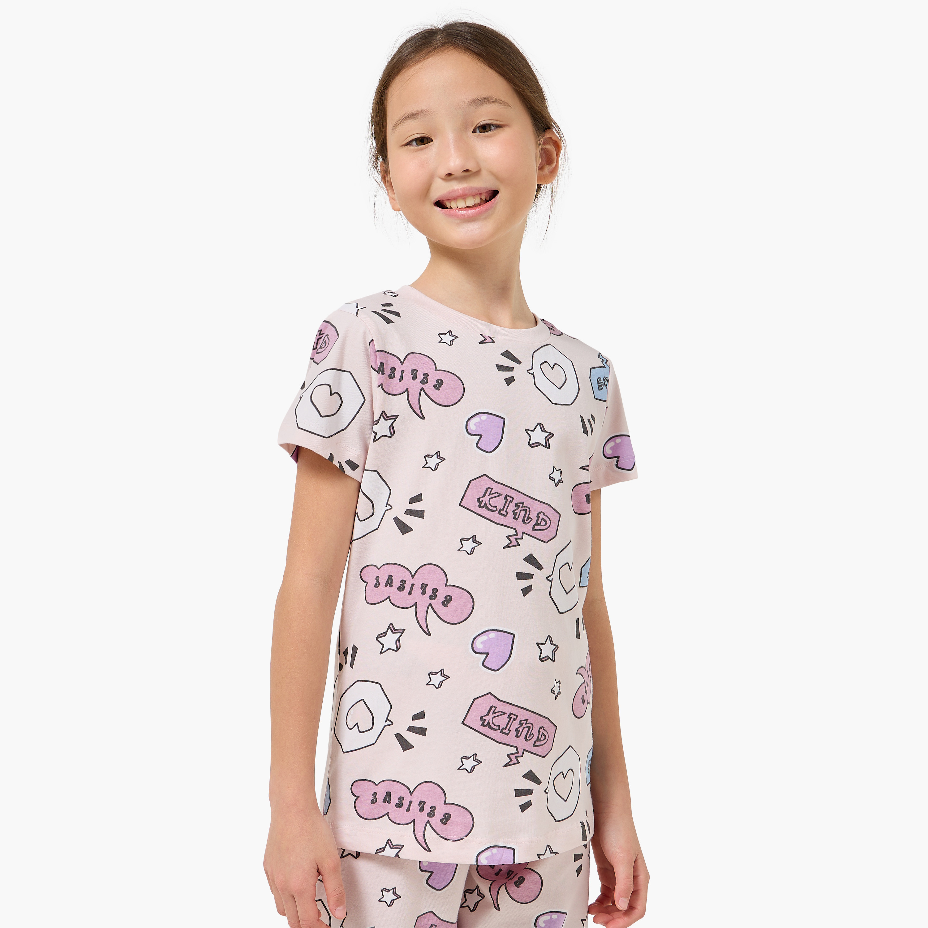 طقم بيجاما قطن بياقة ضيقة وأكمام قصيرة وطبعات من جونيورز-girls-clothing-nightwear-image-5