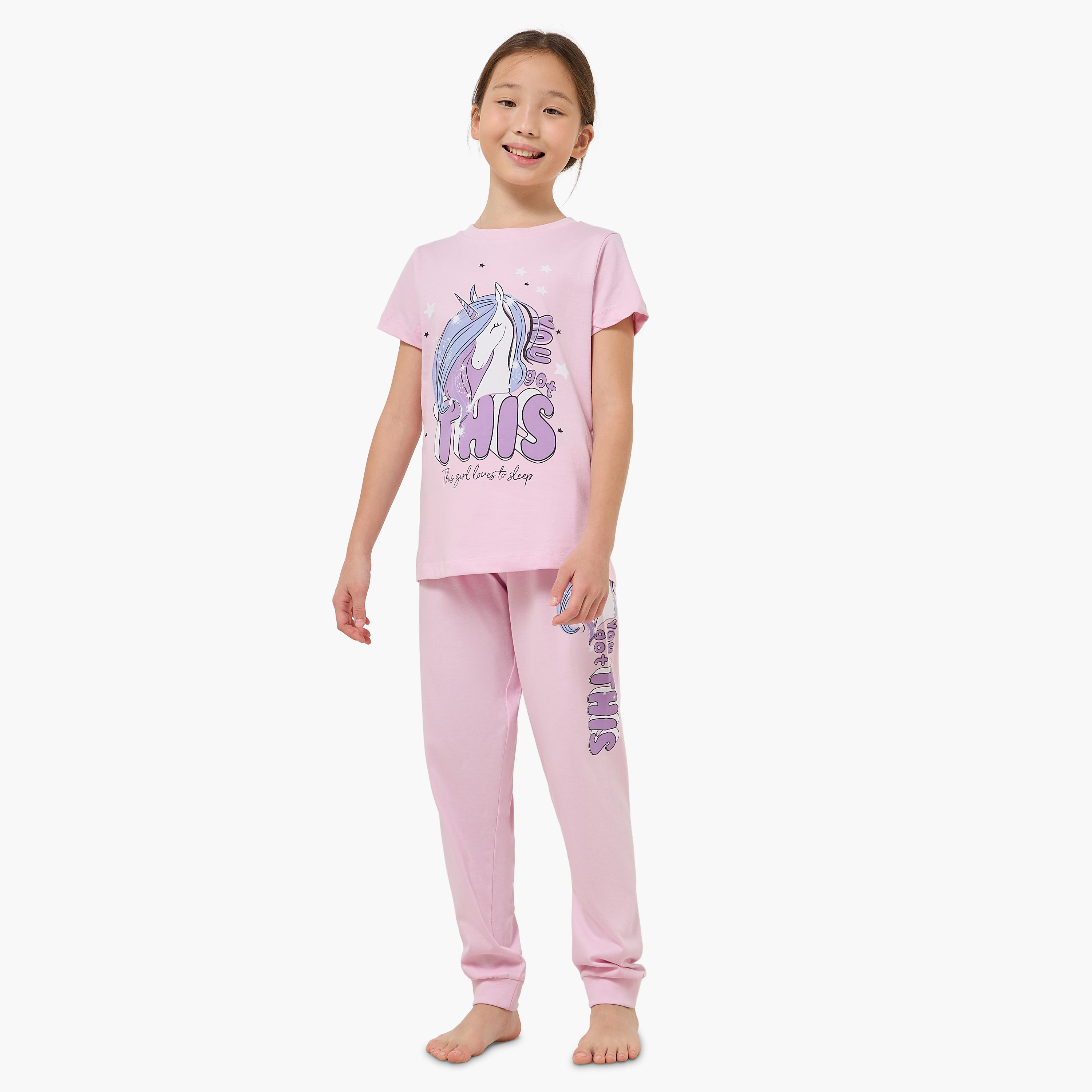 طقم بيجاما قطن بياقة ضيقة وأكمام قصيرة وطبعات يونيكورن من جونيورز-girls-clothing-nightwear-image-6