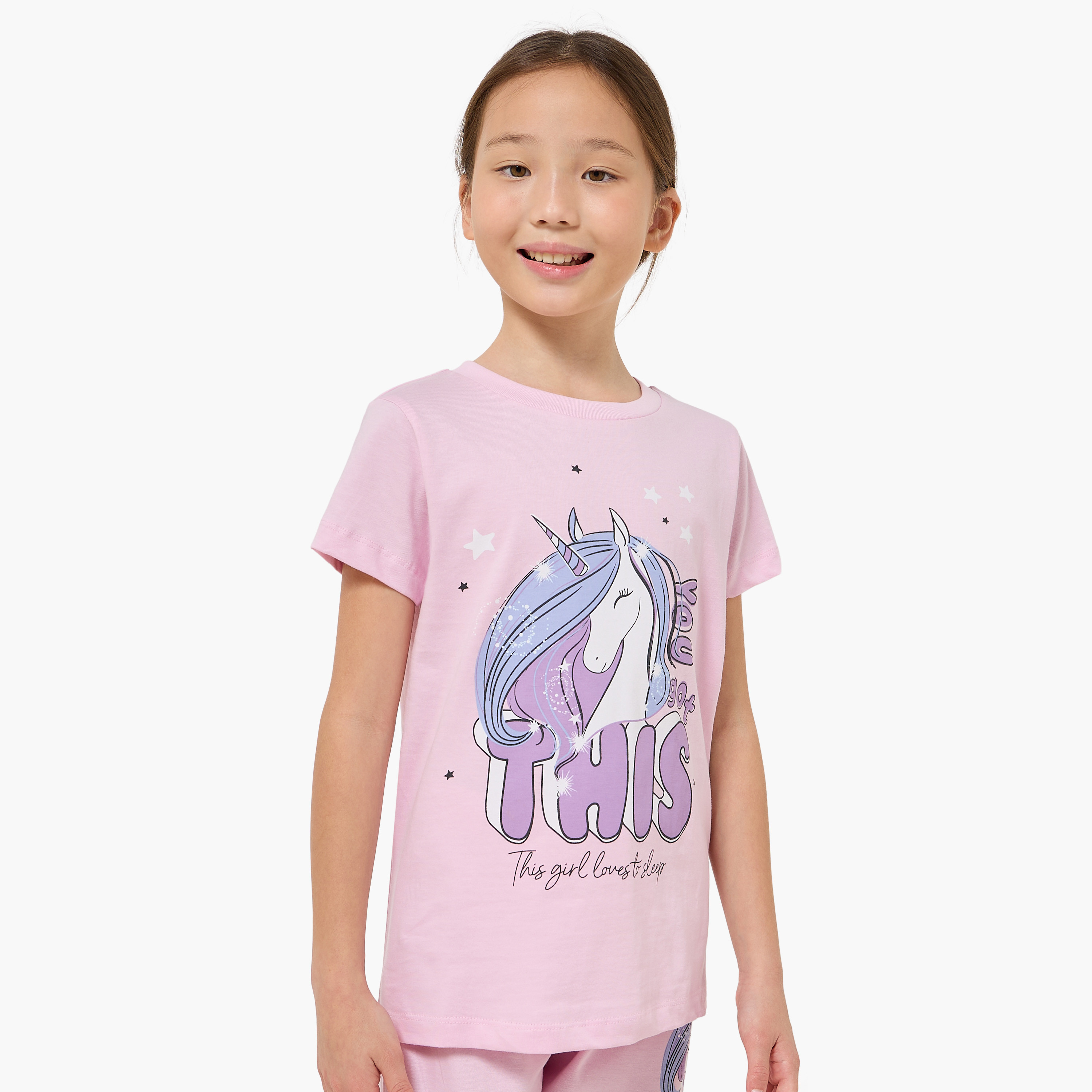 طقم بيجاما قطن بياقة ضيقة وأكمام قصيرة وطبعات يونيكورن من جونيورز-girls-clothing-nightwear-image-5
