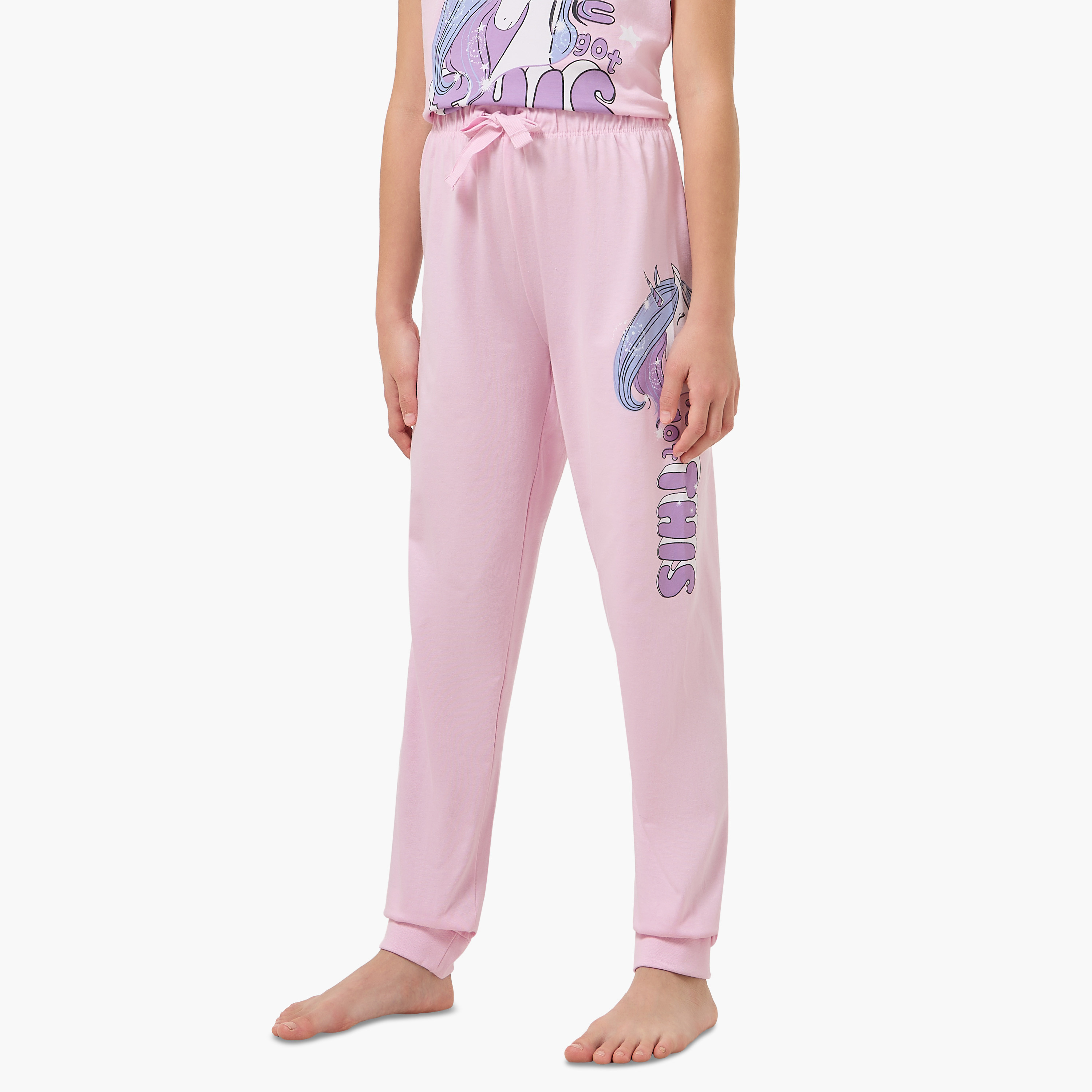 طقم بيجاما قطن بياقة ضيقة وأكمام قصيرة وطبعات يونيكورن من جونيورز-girls-clothing-nightwear-image-4