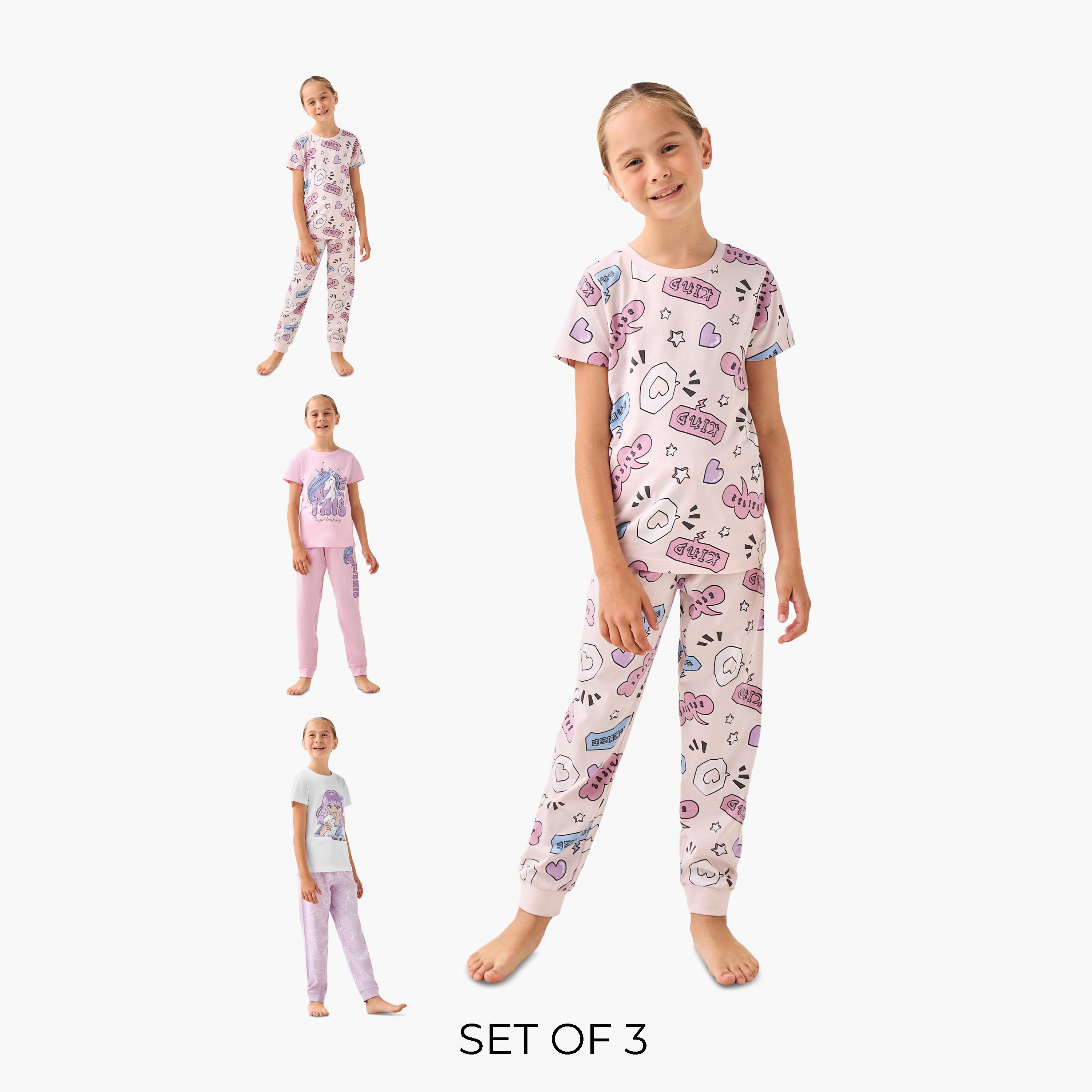 طقم بيجاما قطنية بياقة مستديرة وأكمام قصيرة وطبعات جرافيك من جونيورز – 3 قطع-girls-clothing-nightwear-image-8
