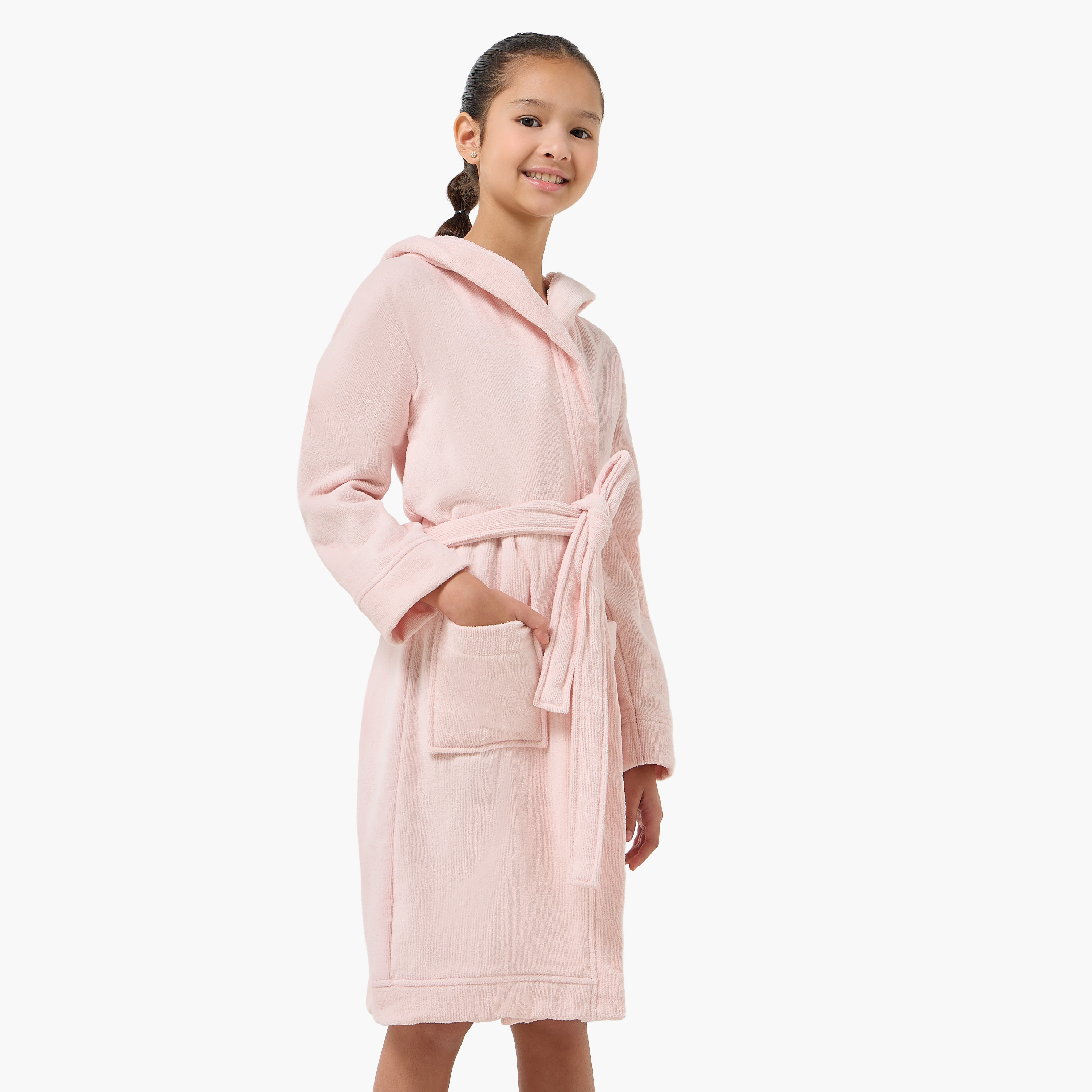 Juniors Embroidered Hooded Bathrobe with Tie-Up Belt and Pockets-girls-clothing-nightwear-image-1