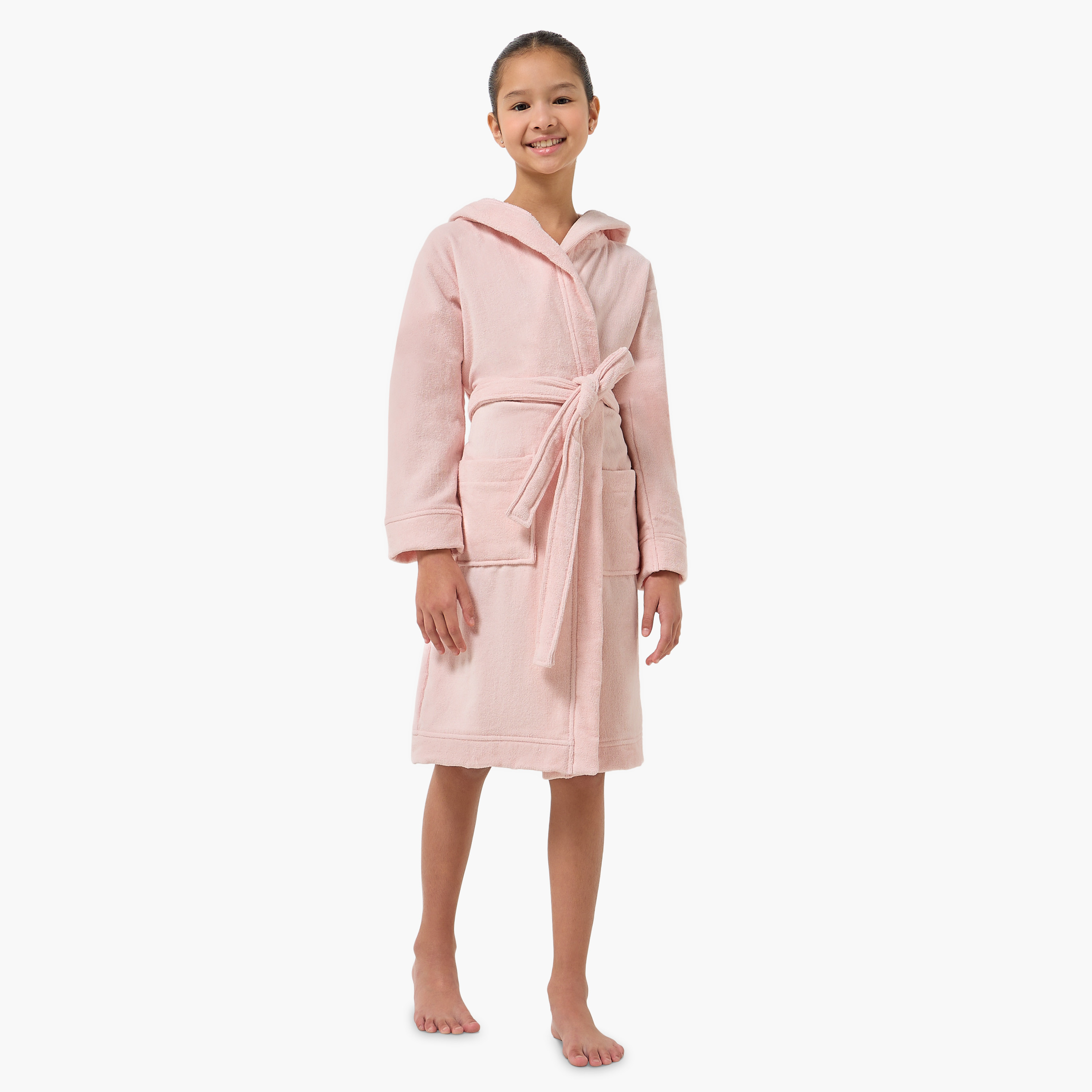 Juniors Embroidered Hooded Bathrobe with Tie-Up Belt and Pockets-girls-clothing-nightwear-image-2
