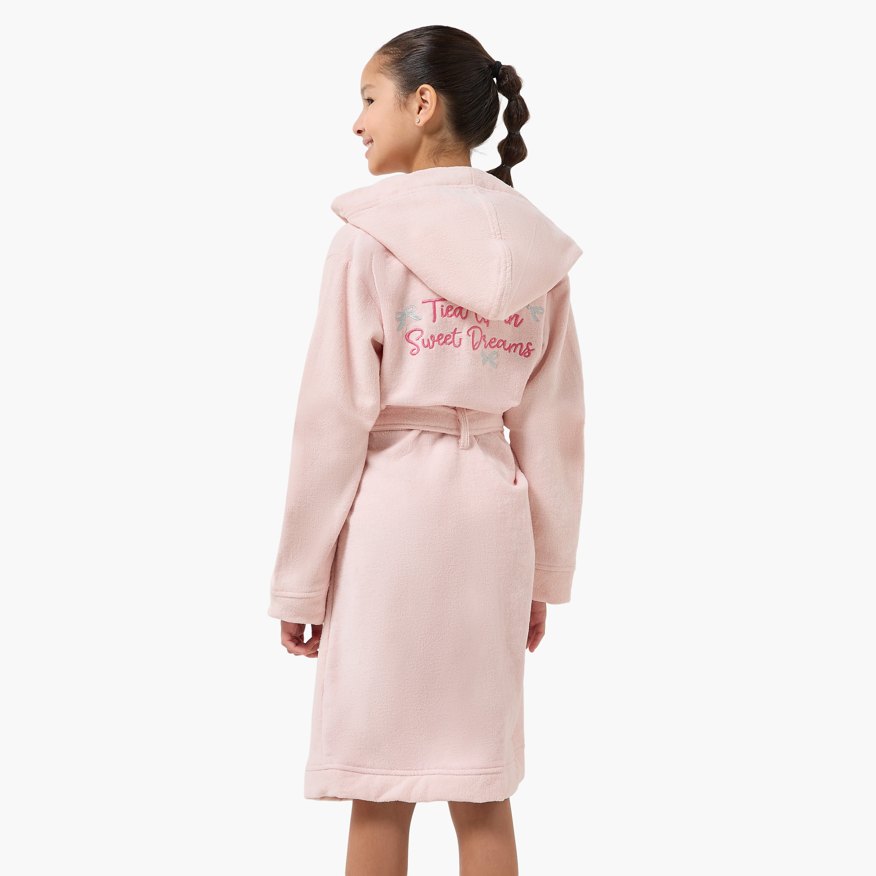 Juniors Embroidered Hooded Bathrobe with Tie-Up Belt and Pockets-girls-clothing-nightwear-image-3