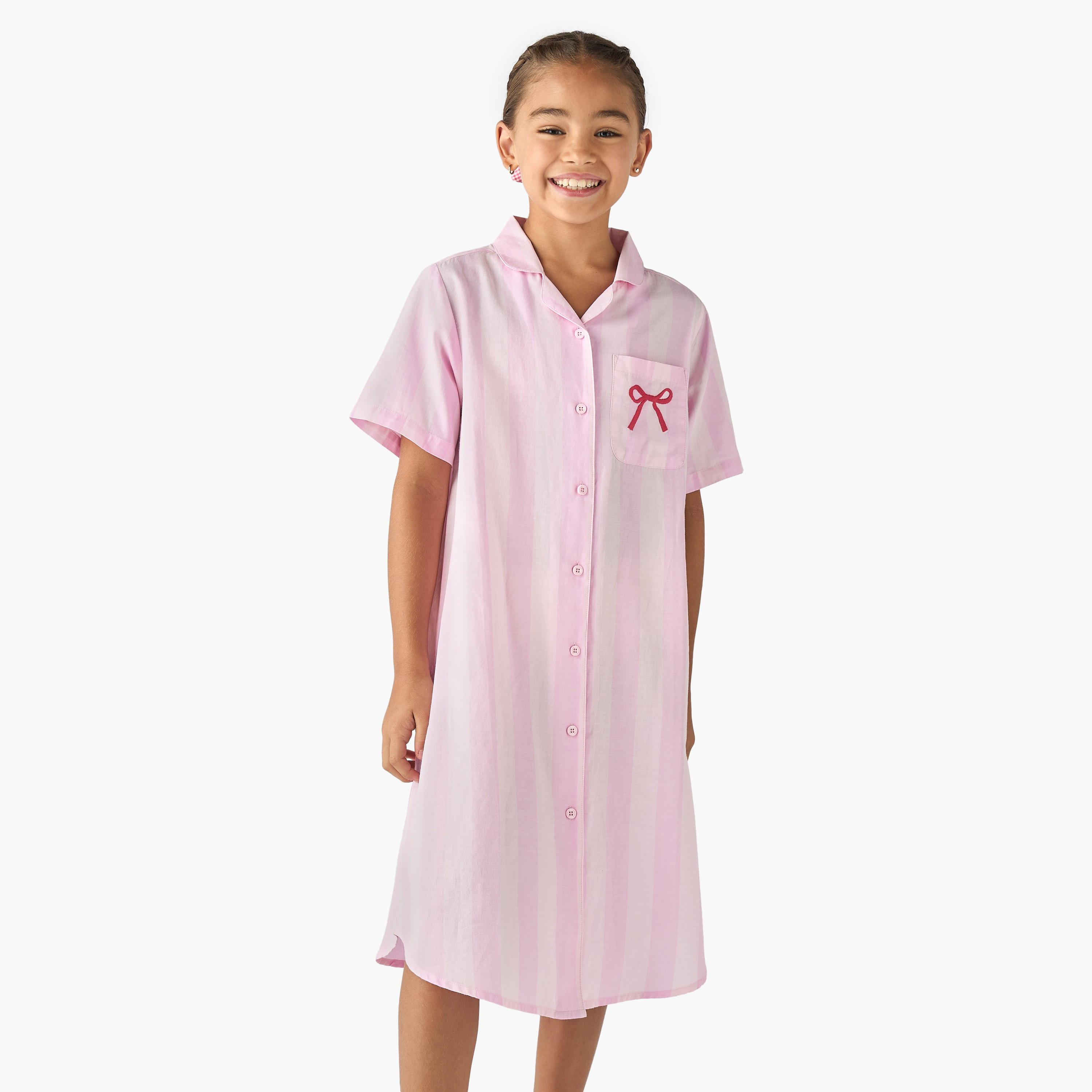 Juniors Striped Collared Night Dress with Short Sleeves-girls-clothing-nightwear-image-1