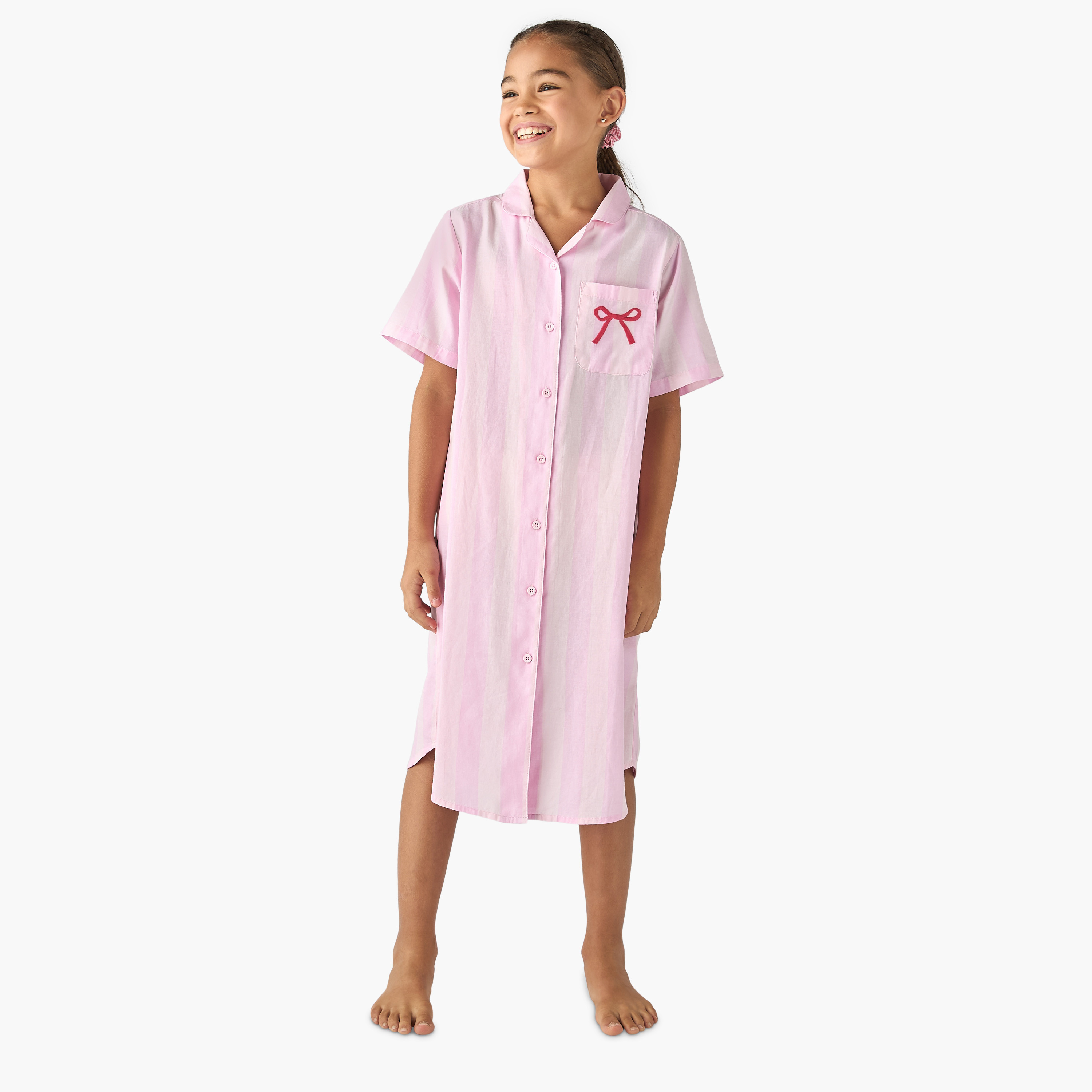 Juniors Striped Collared Night Dress with Short Sleeves-girls-clothing-nightwear-image-2
