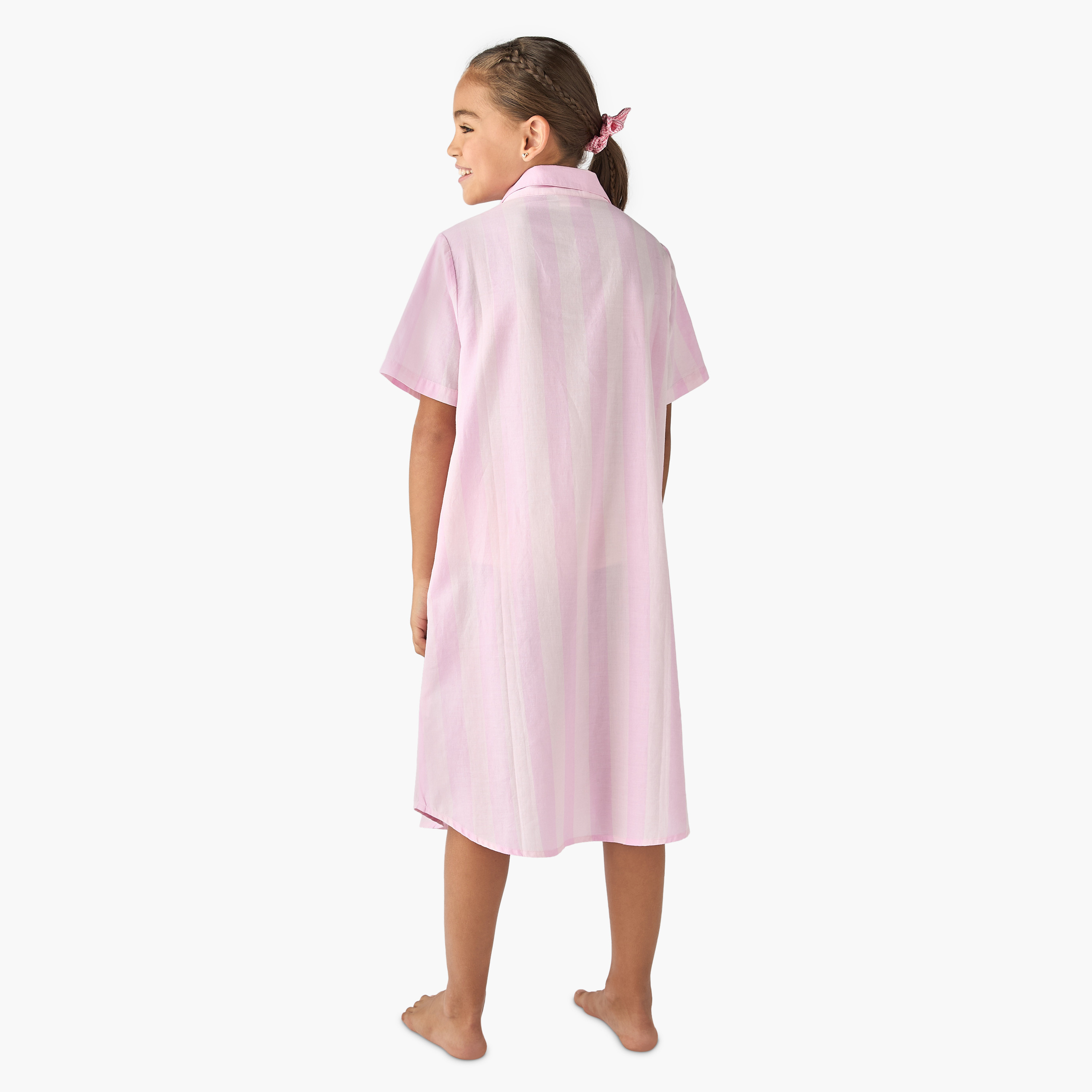 Juniors Striped Collared Night Dress with Short Sleeves-girls-clothing-nightwear-image-3