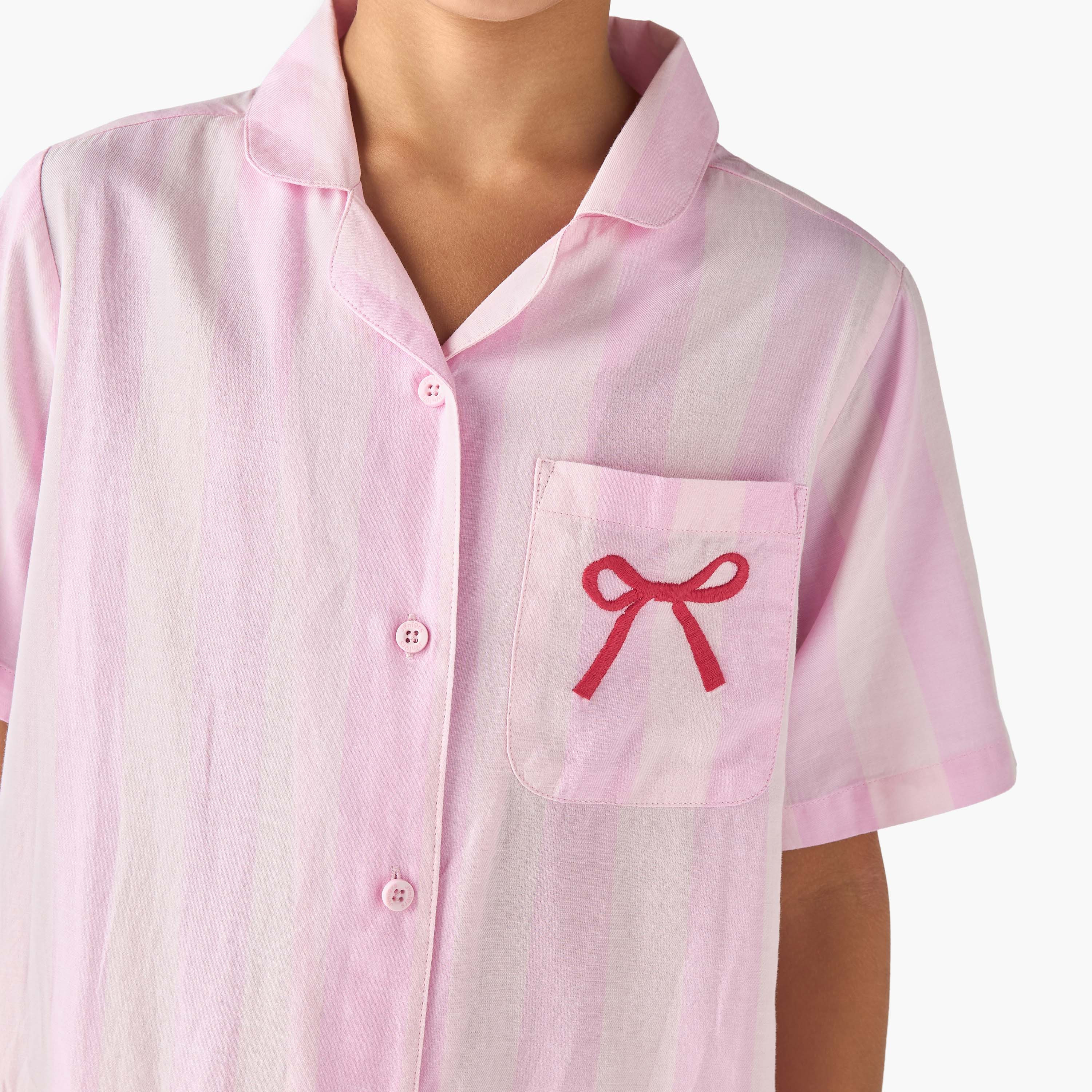 Juniors Striped Collared Night Dress with Short Sleeves-girls-clothing-nightwear-image-4