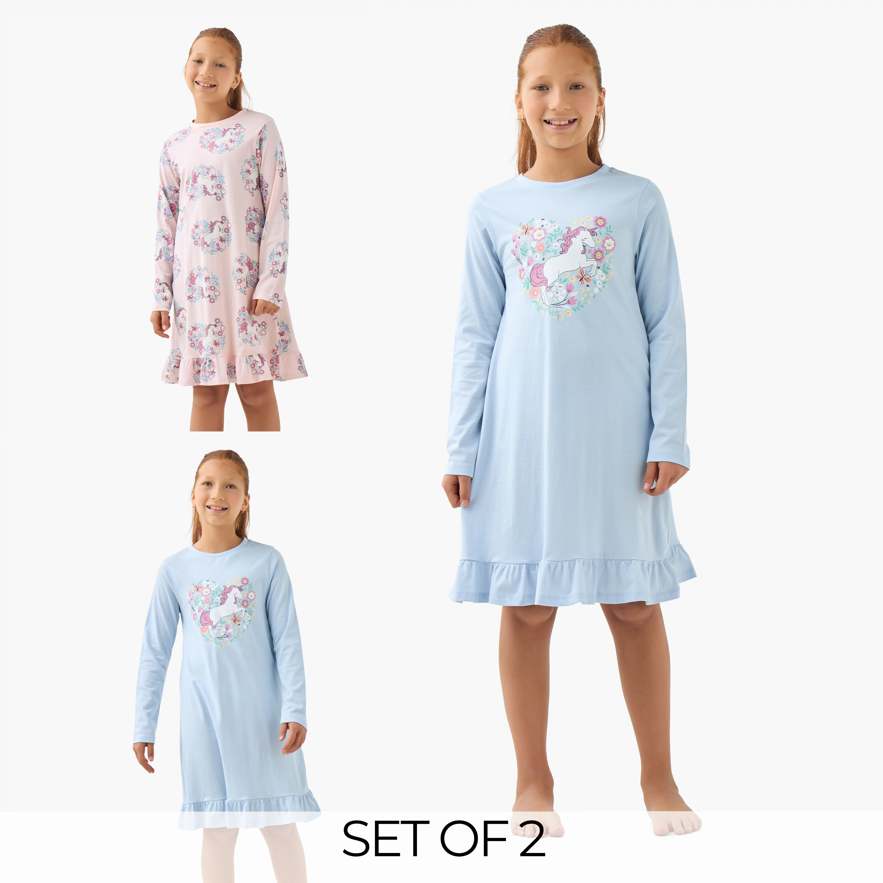 Juniors Girls Night Dress with Unicorn Print - Cotton - Long Sleeves - Round Neck - Set of 2-girls-clothing-nightwear-image-1