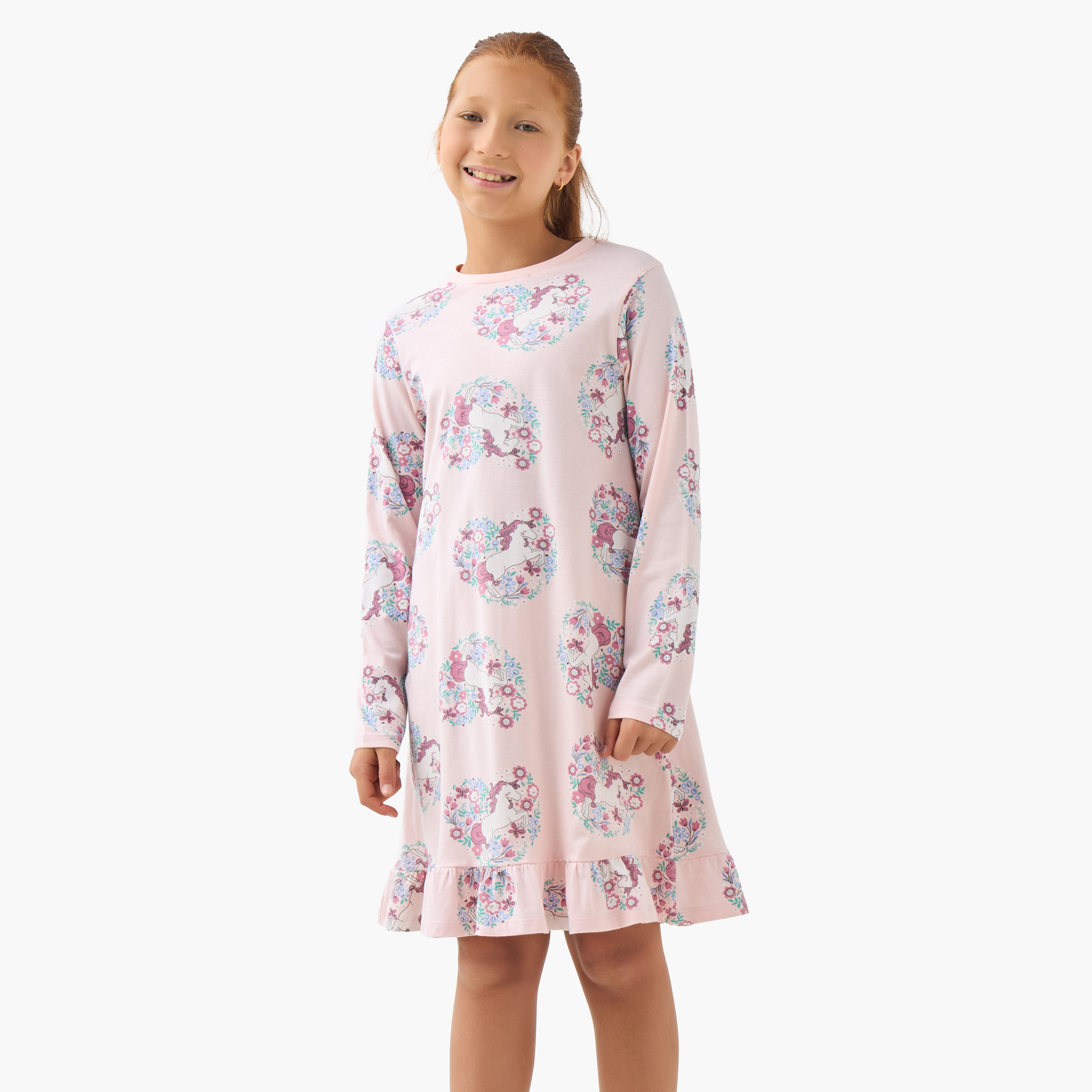 Juniors Girls Night Dress with Unicorn Print - Cotton - Long Sleeves - Round Neck - Set of 2-girls-clothing-nightwear-image-2