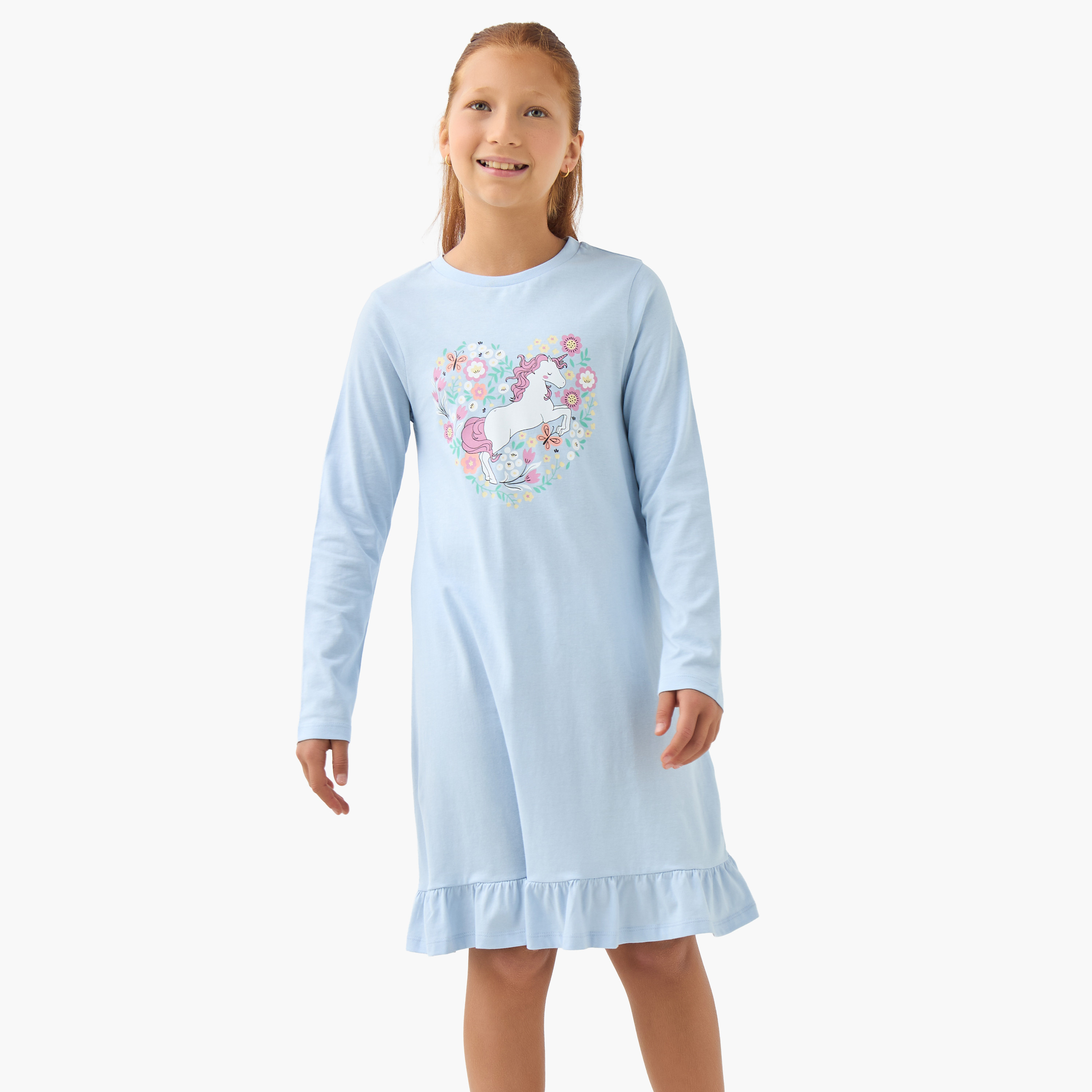 Juniors Girls Night Dress with Unicorn Print - Cotton - Long Sleeves - Round Neck - Set of 2-girls-clothing-nightwear-image-3