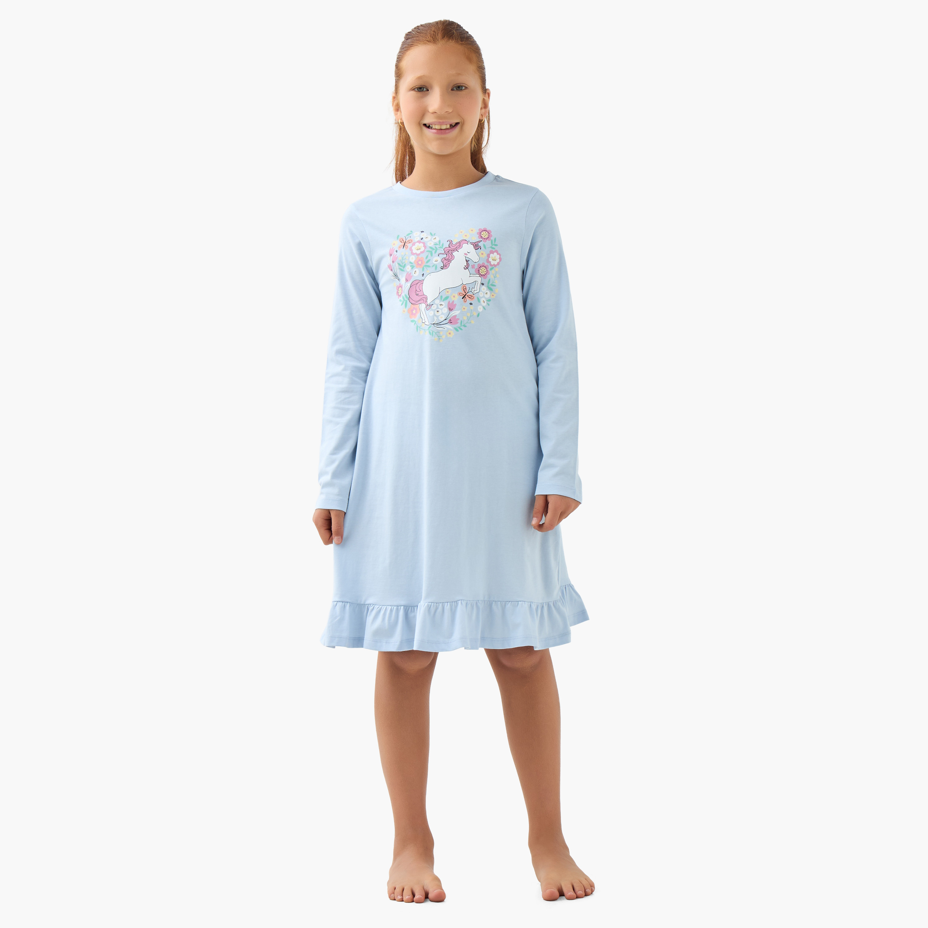 Juniors Girls Night Dress with Unicorn Print - Cotton - Long Sleeves - Round Neck - Set of 2-girls-clothing-nightwear-image-8