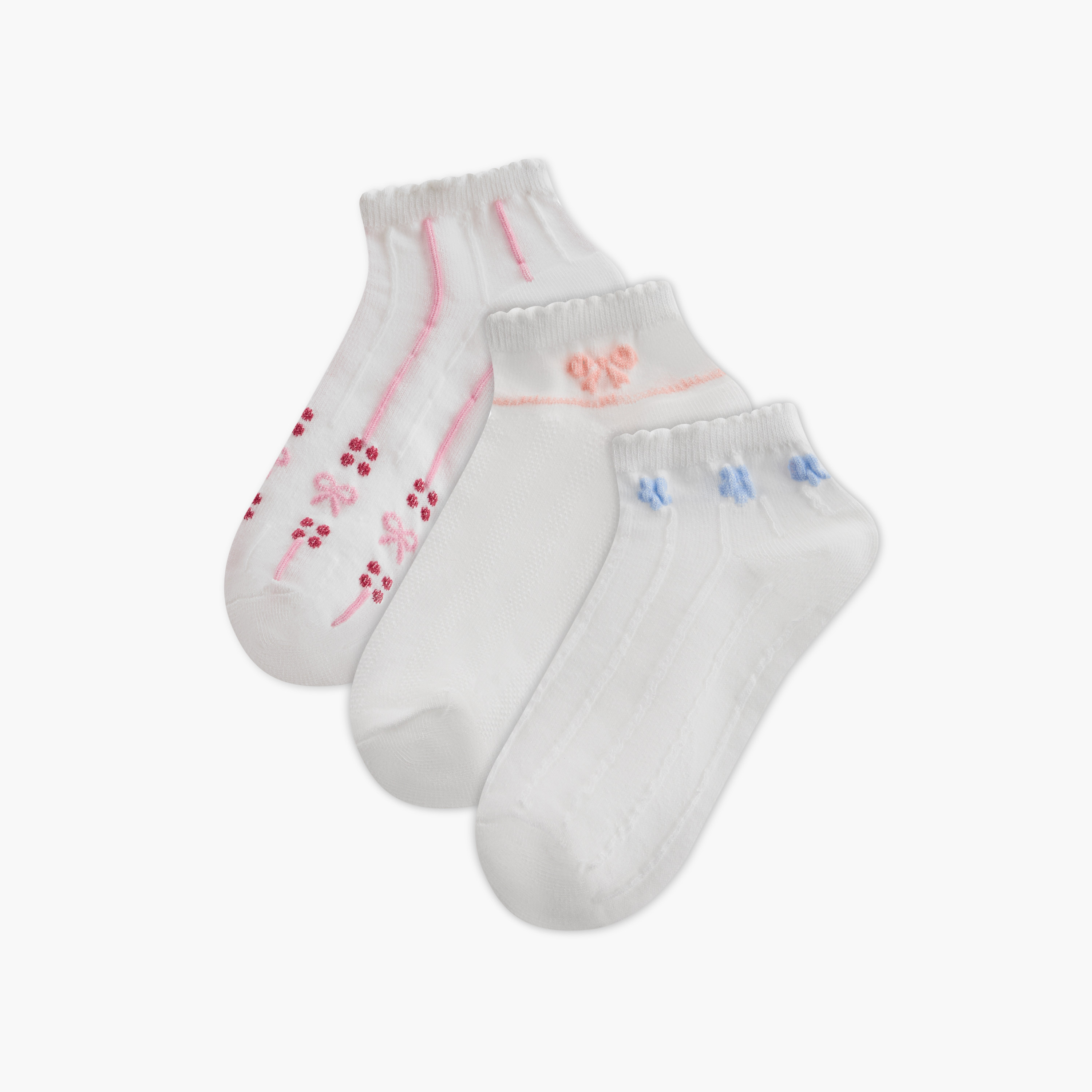 Juniors Bow Print Ankle Length Socks - Set of 3-girls-accessories-socks-image-1