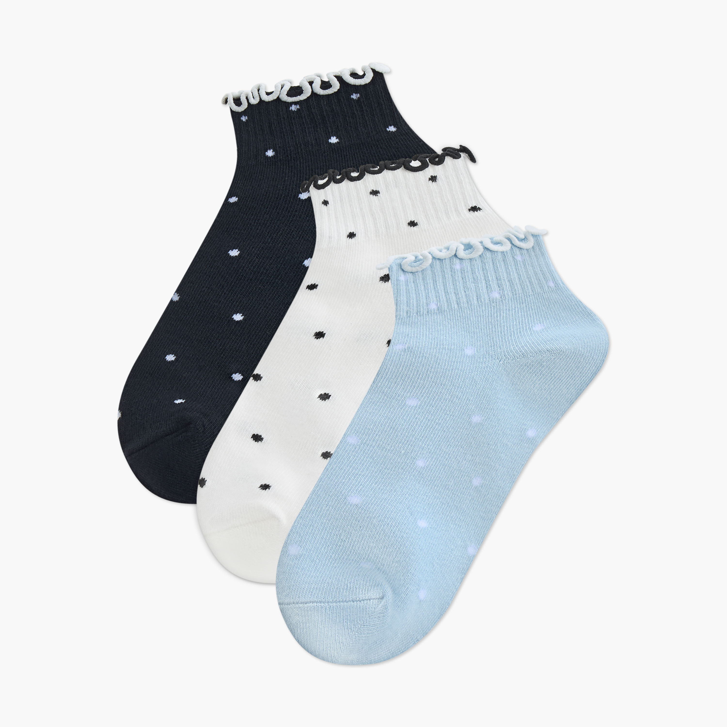 Pack of 3 Juniors Girls Quarter Length Socks with Polka Dot Print-girls-accessories-socks-image-1