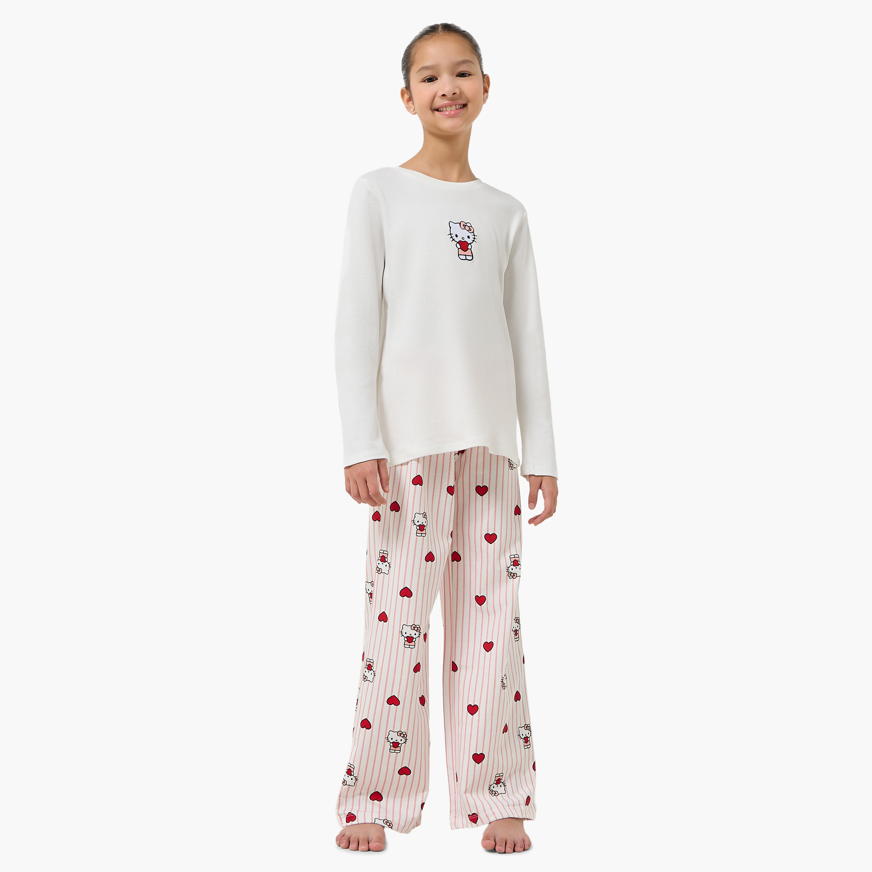 Sanrio Cotton Round Neck Long Sleeves Pyjama Set with Hello Kitty Print-girls-clothing-nightwear-image-1