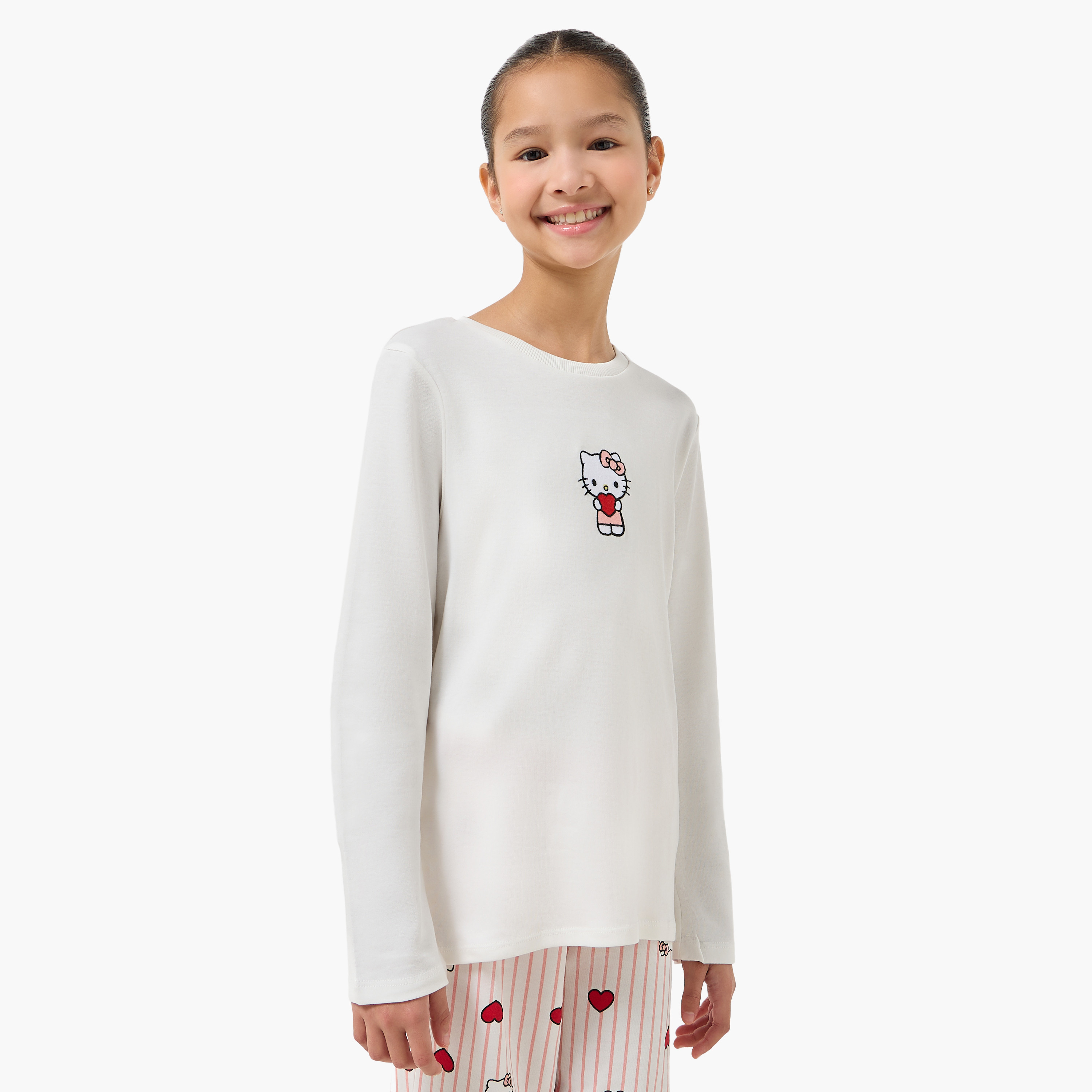 Sanrio Cotton Round Neck Long Sleeves Pyjama Set with Hello Kitty Print-girls-clothing-nightwear-image-2