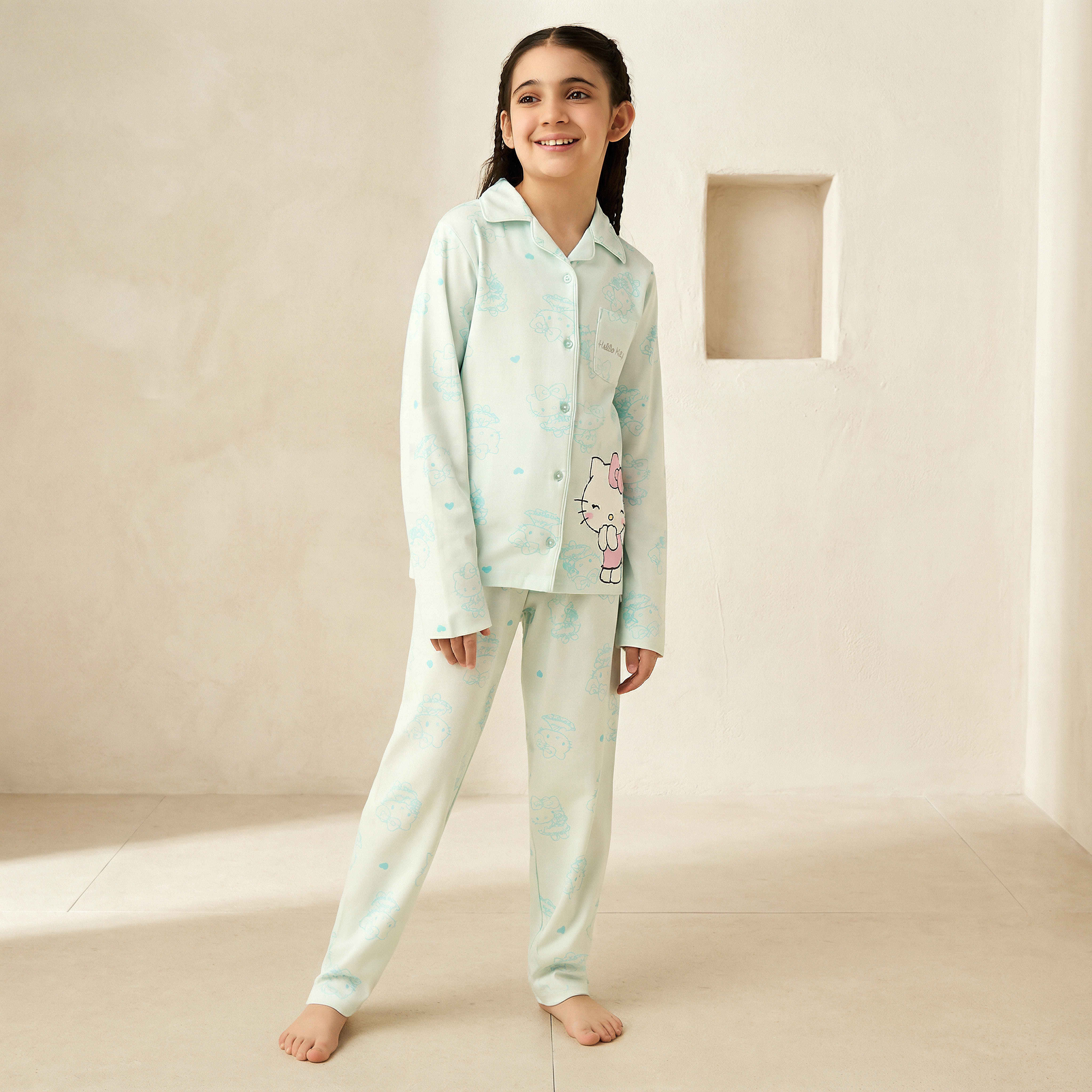 Sanrio Cotton Collared Long Sleeves Pyjama Set with Hello Kitty Print-girls-clothing-winterwear-pyjamasets-image-1