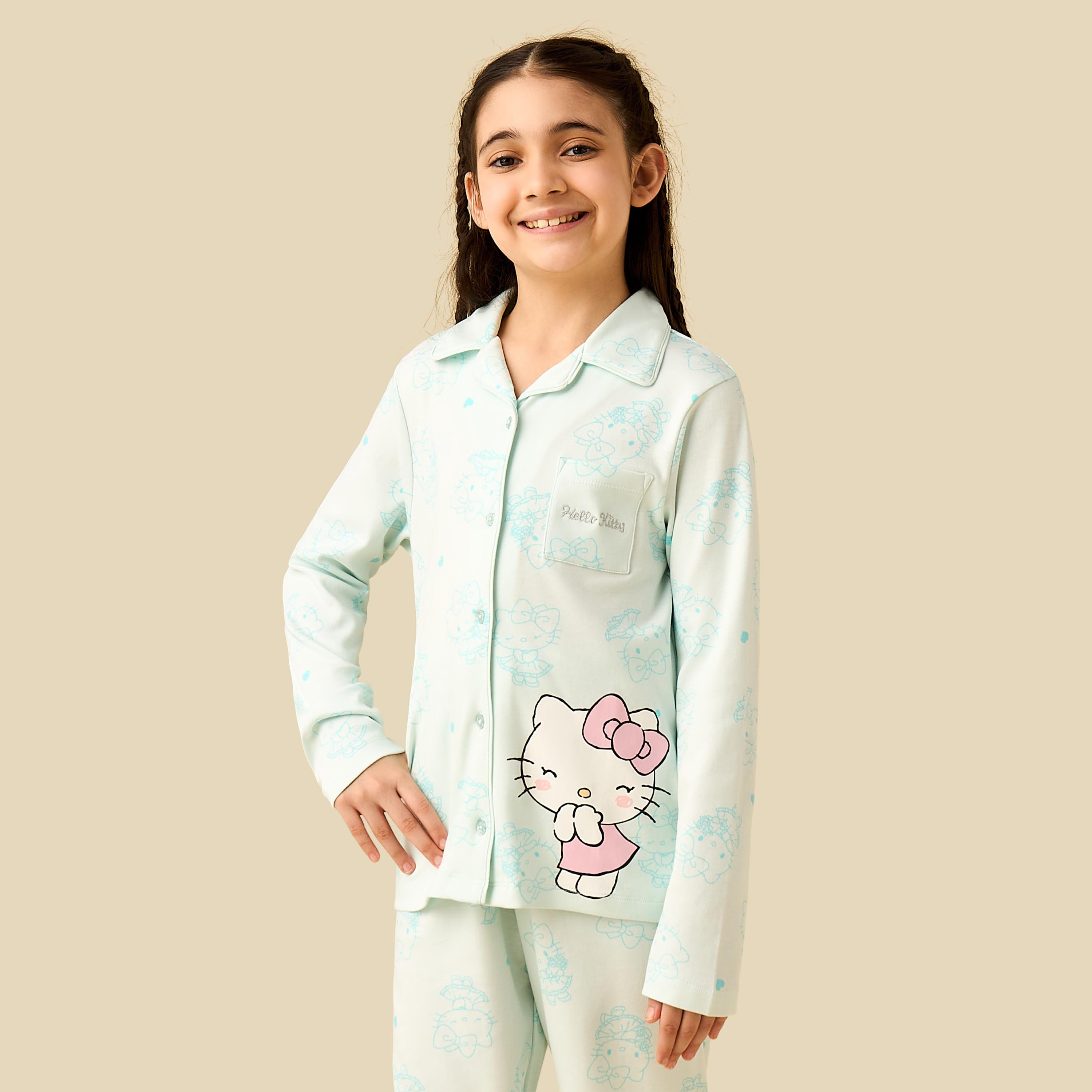 Sanrio Cotton Collared Long Sleeves Pyjama Set with Hello Kitty Print-girls-clothing-winterwear-pyjamasets-image-2