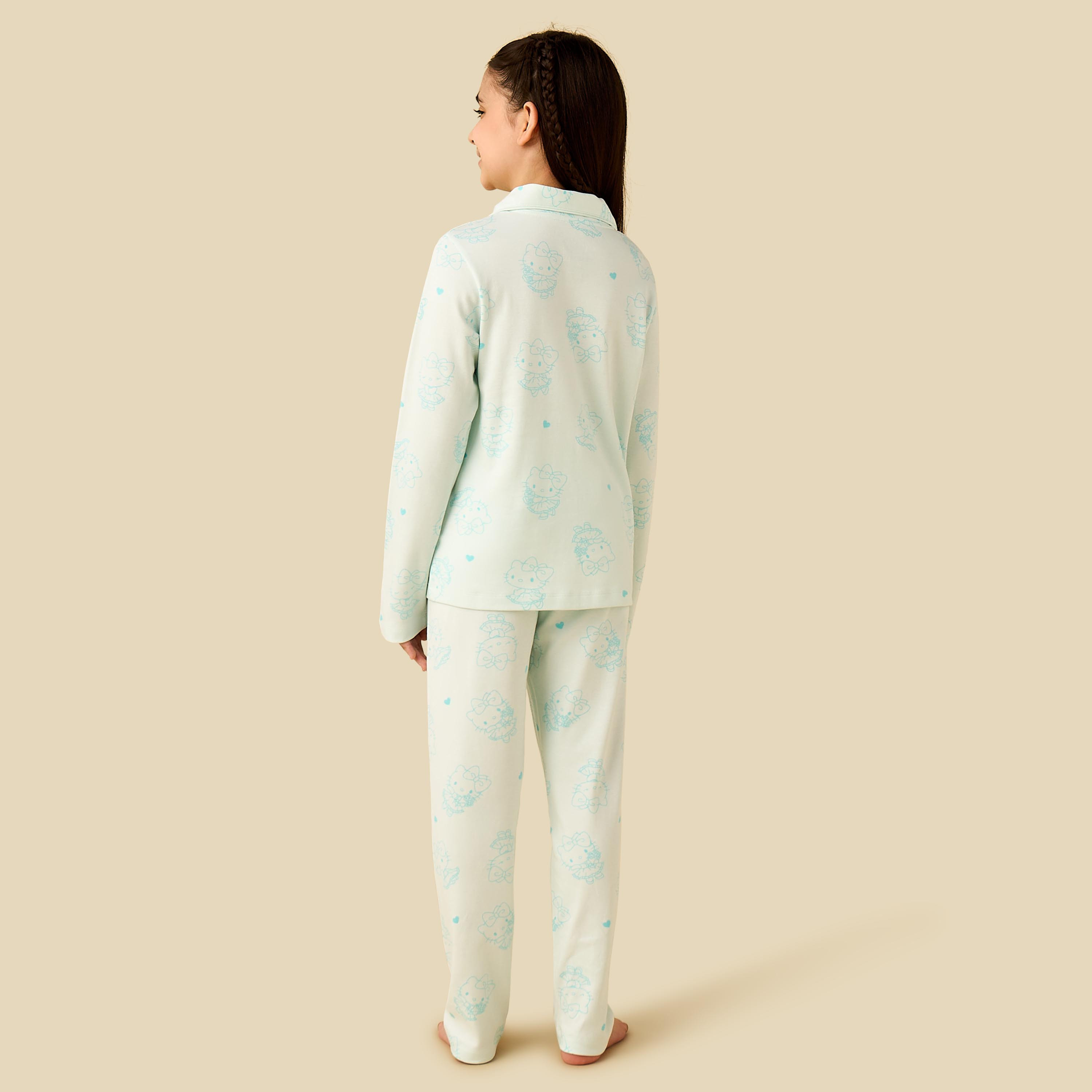 Sanrio Cotton Collared Long Sleeves Pyjama Set with Hello Kitty Print-girls-clothing-winterwear-pyjamasets-image-4