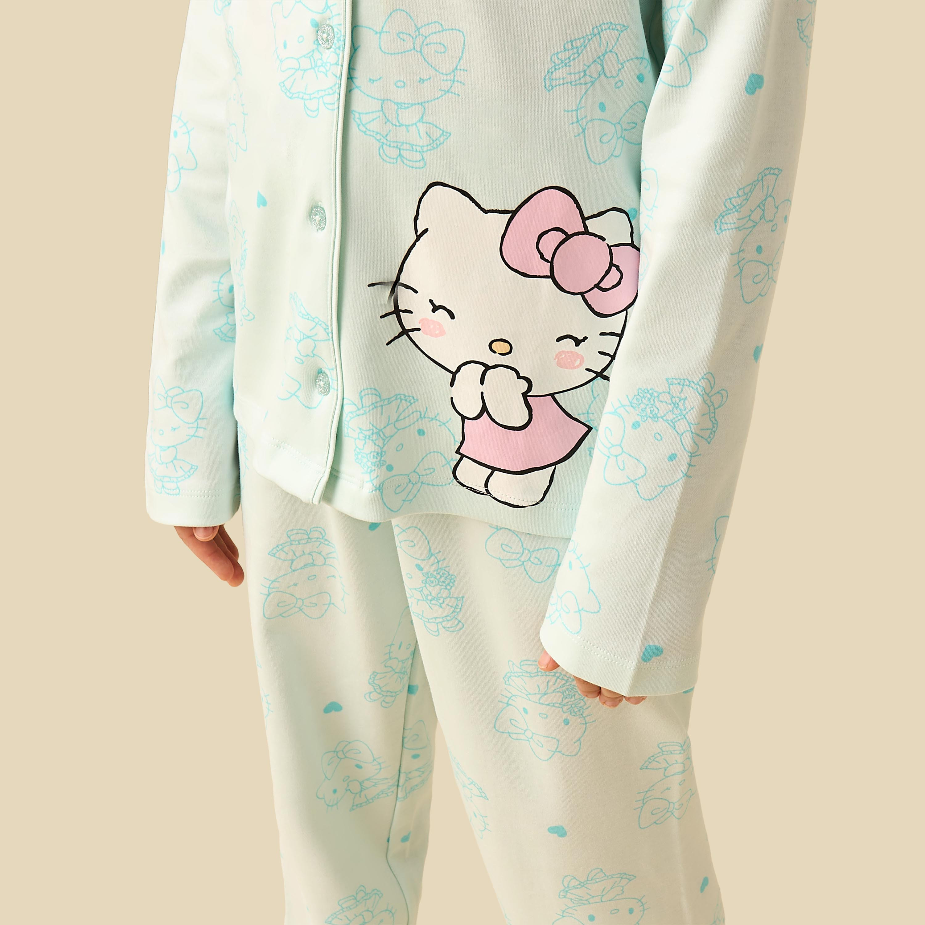 Sanrio Cotton Collared Long Sleeves Pyjama Set with Hello Kitty Print-girls-clothing-winterwear-pyjamasets-image-5