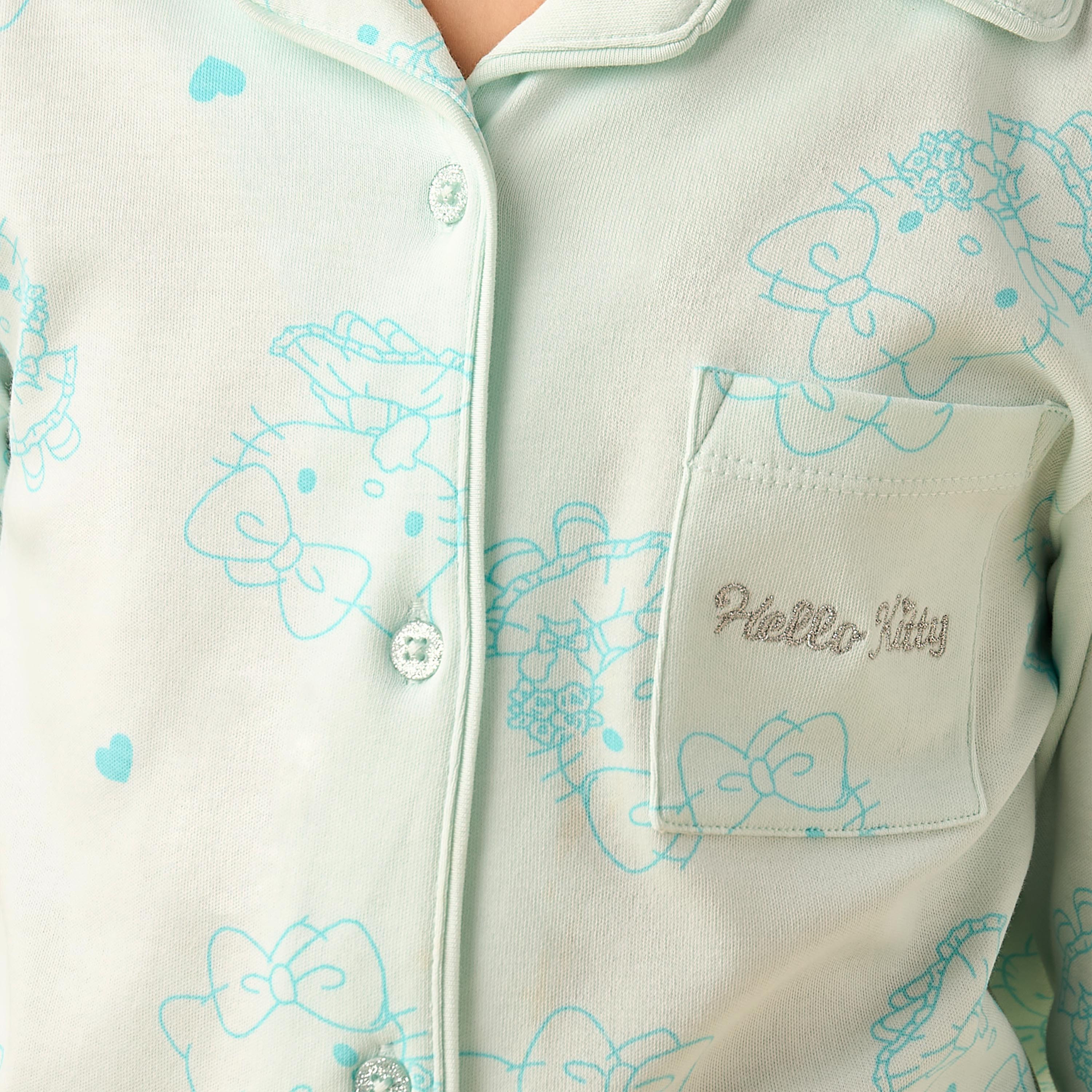 Sanrio Cotton Collared Long Sleeves Pyjama Set with Hello Kitty Print-girls-clothing-winterwear-pyjamasets-image-6