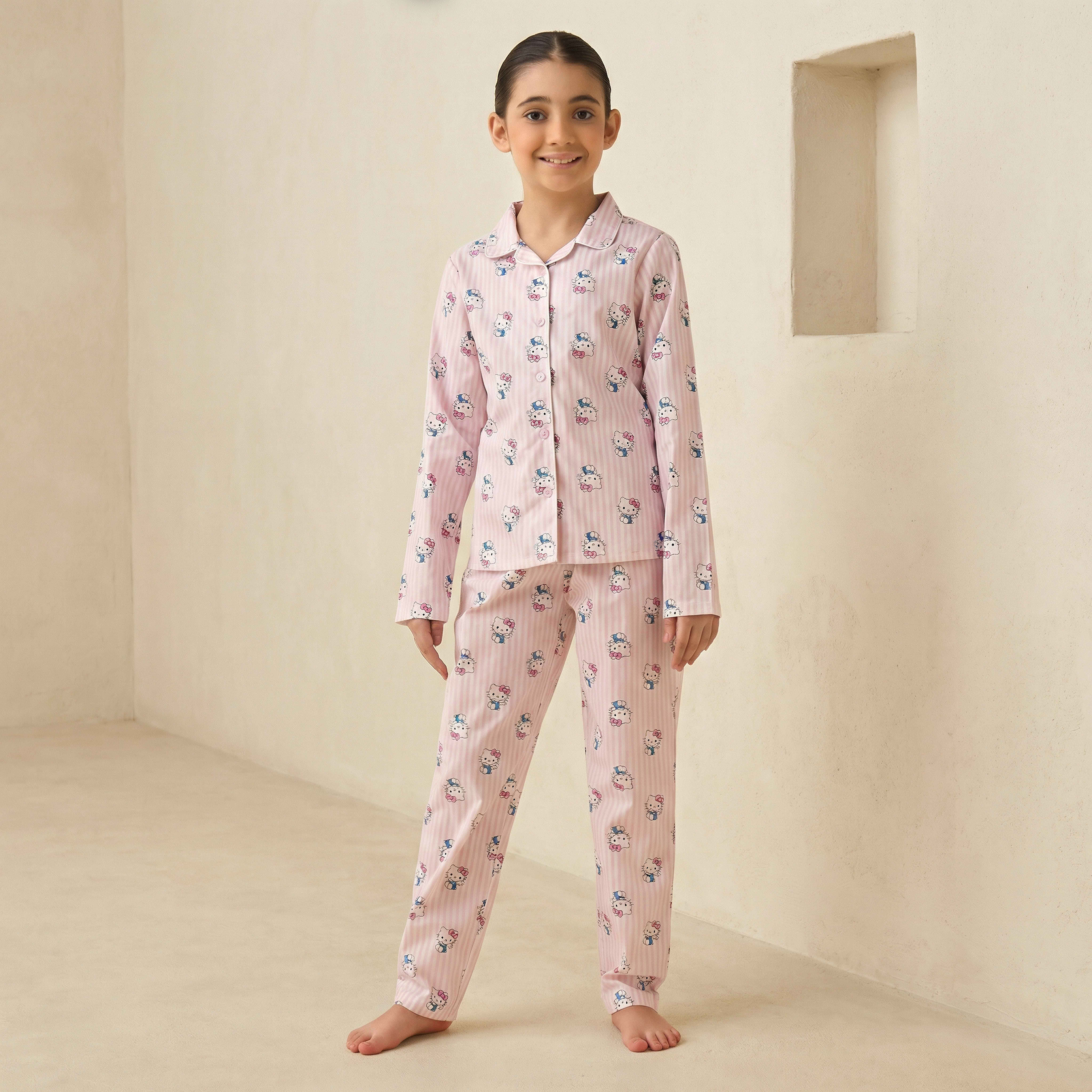 Sanrio Cotton Collared Long Sleeves Pyjama Set with Hello Kitty Print-girls-clothing-nightwear-image-1