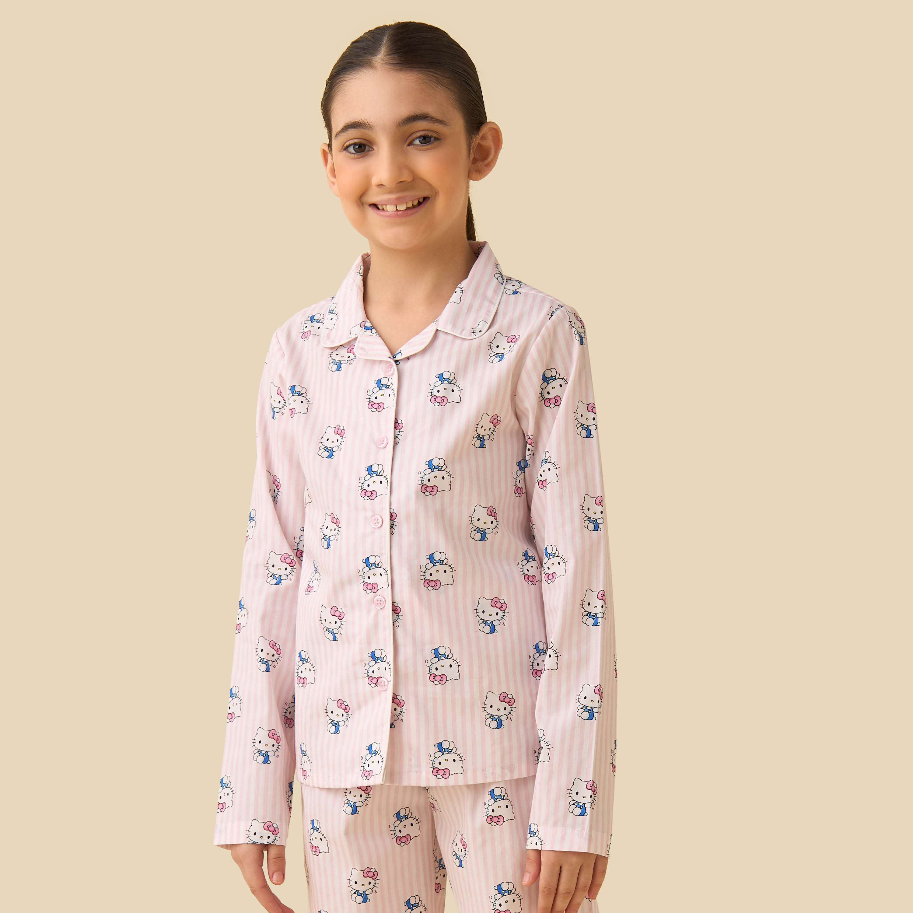 Sanrio Cotton Collared Long Sleeves Pyjama Set with Hello Kitty Print-girls-clothing-nightwear-image-2