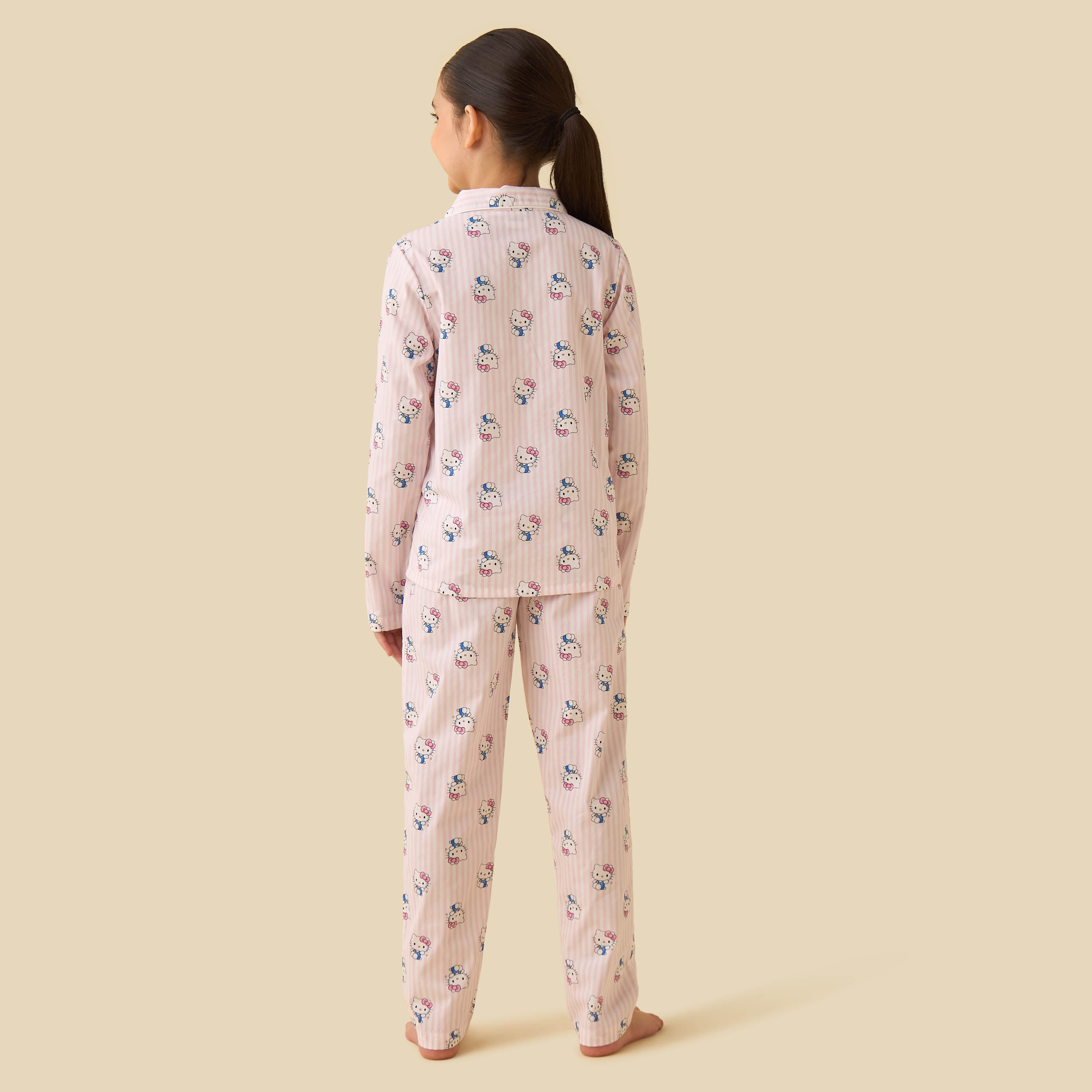 Sanrio Cotton Collared Long Sleeves Pyjama Set with Hello Kitty Print-girls-clothing-nightwear-image-4