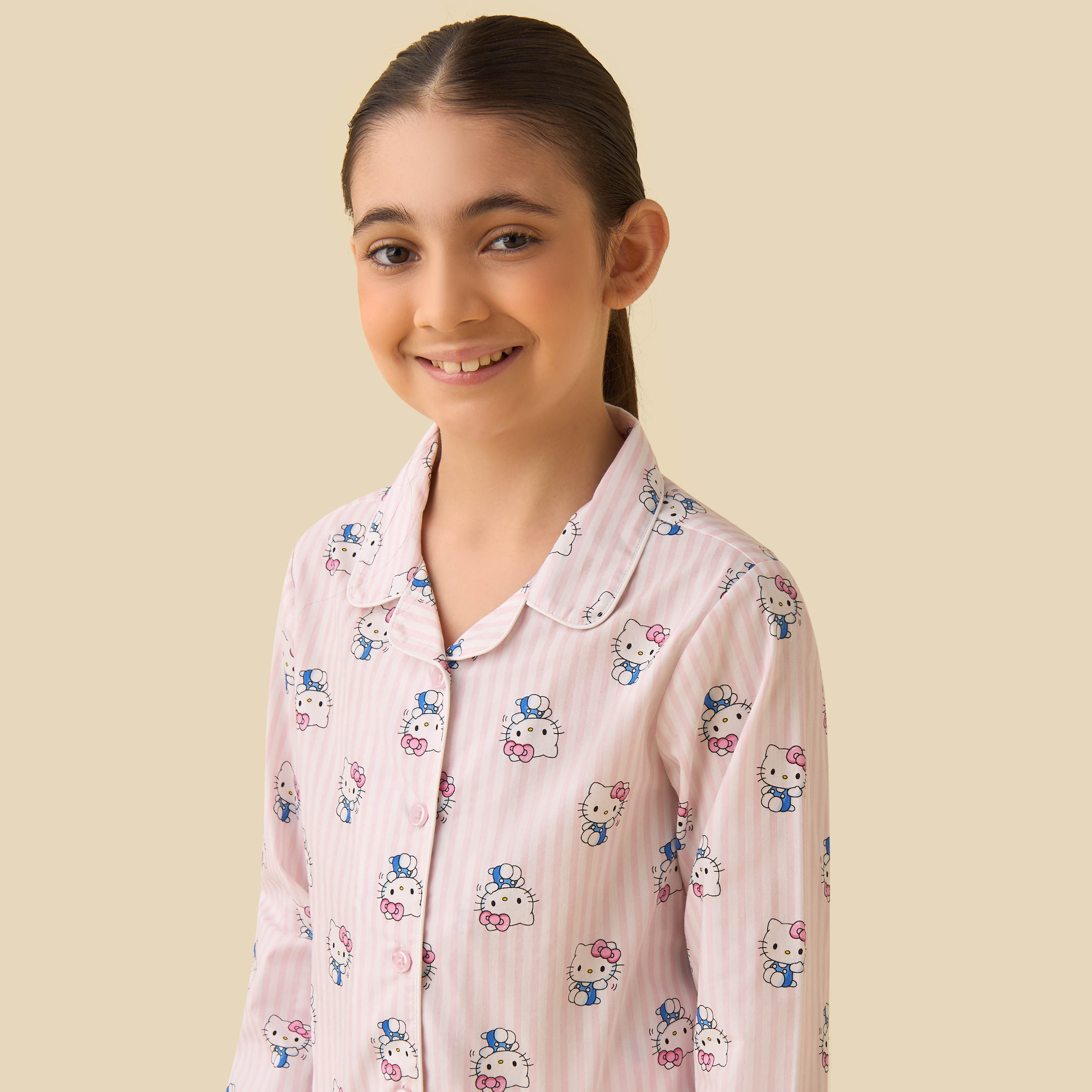 Sanrio Cotton Collared Long Sleeves Pyjama Set with Hello Kitty Print-girls-clothing-nightwear-image-5