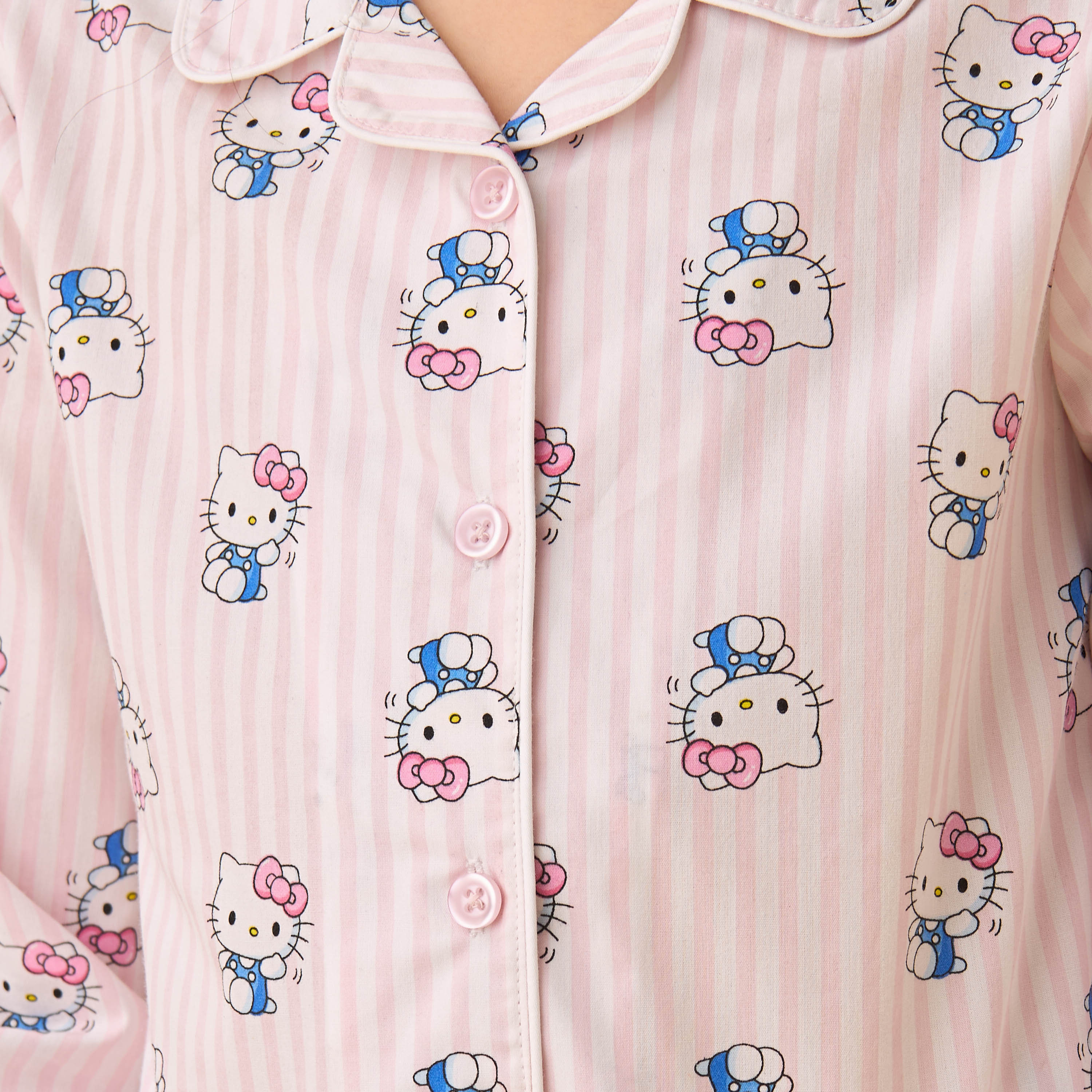 Sanrio Cotton Collared Long Sleeves Pyjama Set with Hello Kitty Print-girls-clothing-nightwear-image-6