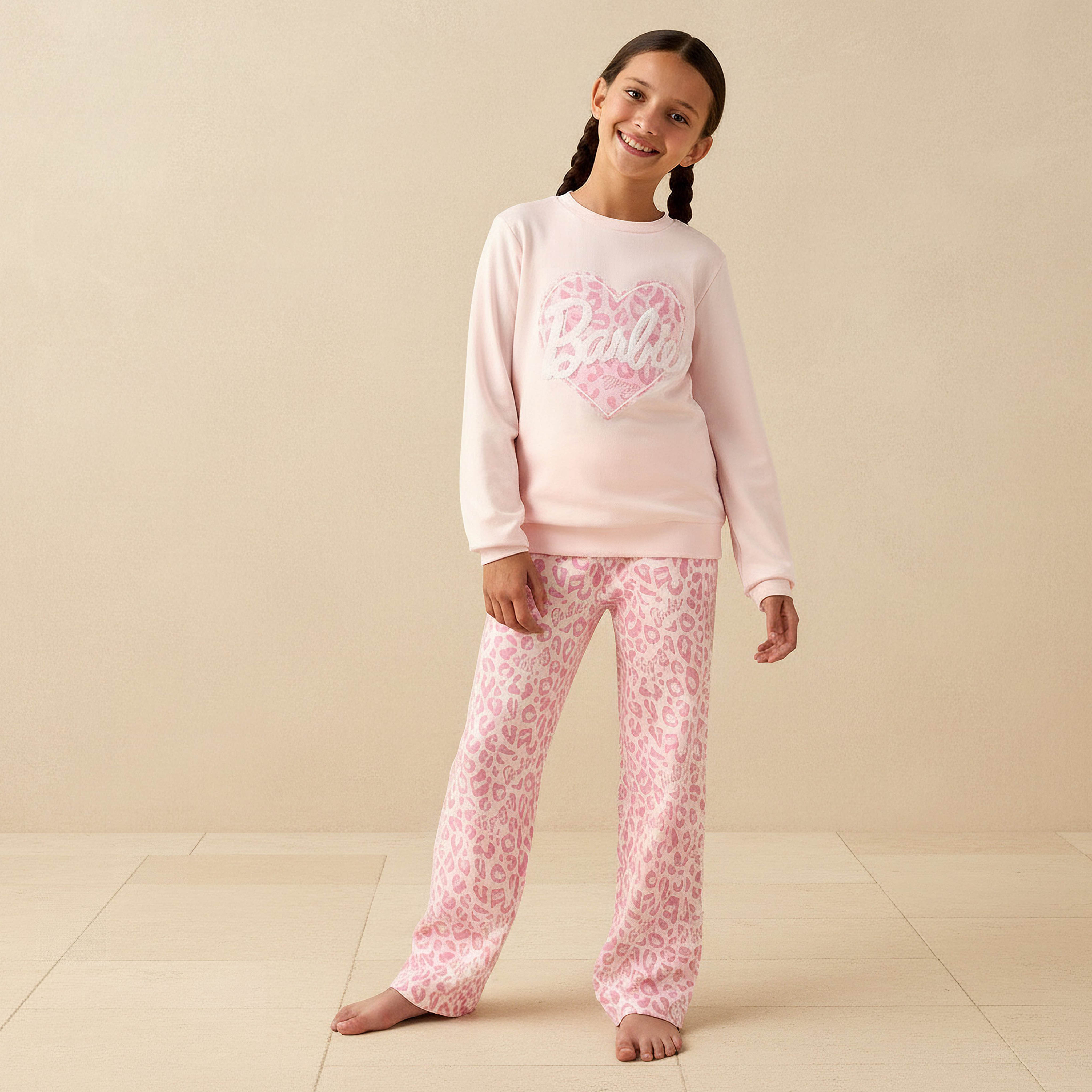 Cotton Crew Neck Long Sleeves Pyjama Set with Barbie Print-girls-clothing-winterwear-pyjamasets-image-1
